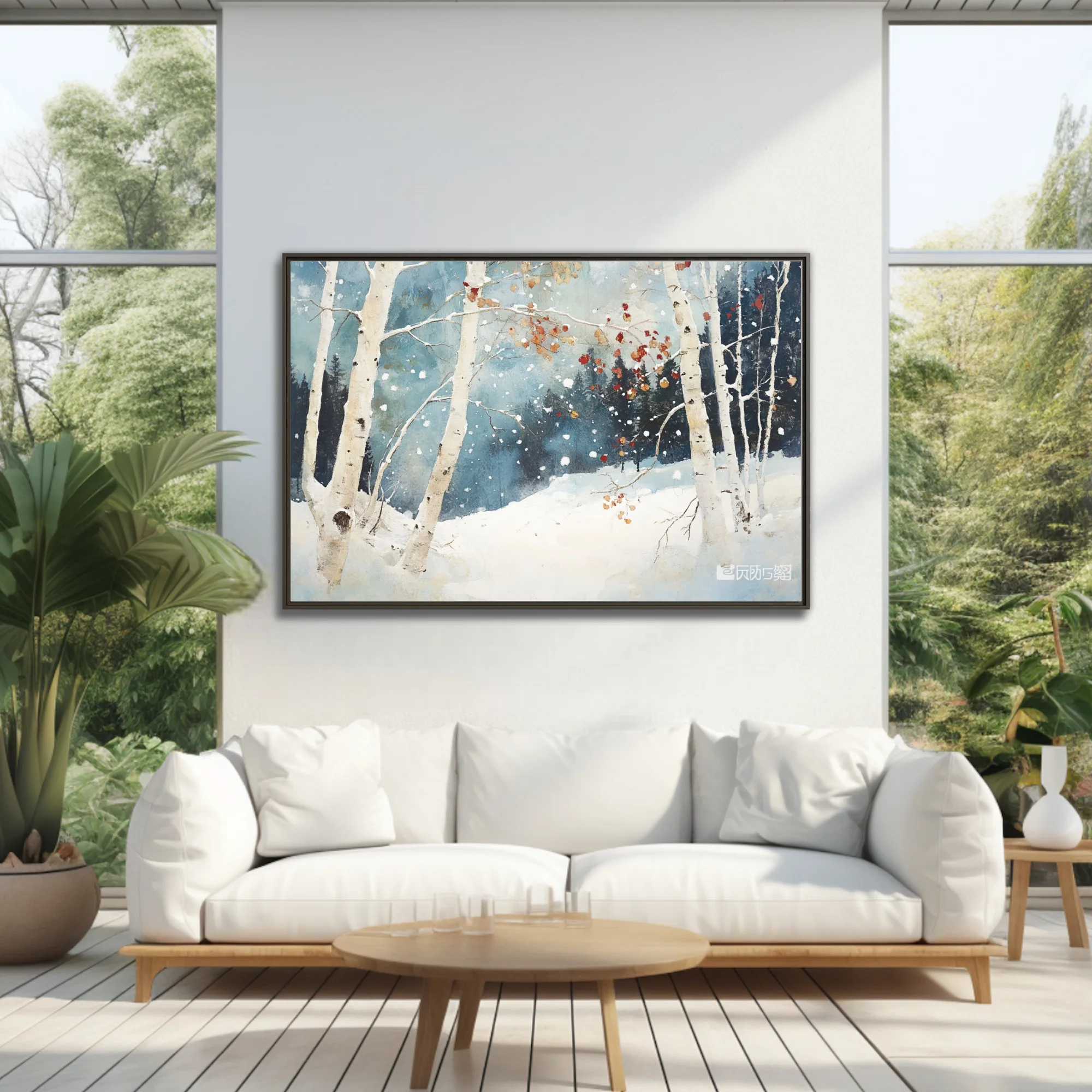 Painterly winter birch forest snowscape with falling snow, rust leaves, and slate-blue tones
