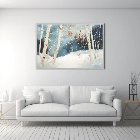 Painterly winter birch forest snowscape with falling snow, rust leaves, and slate-blue tones