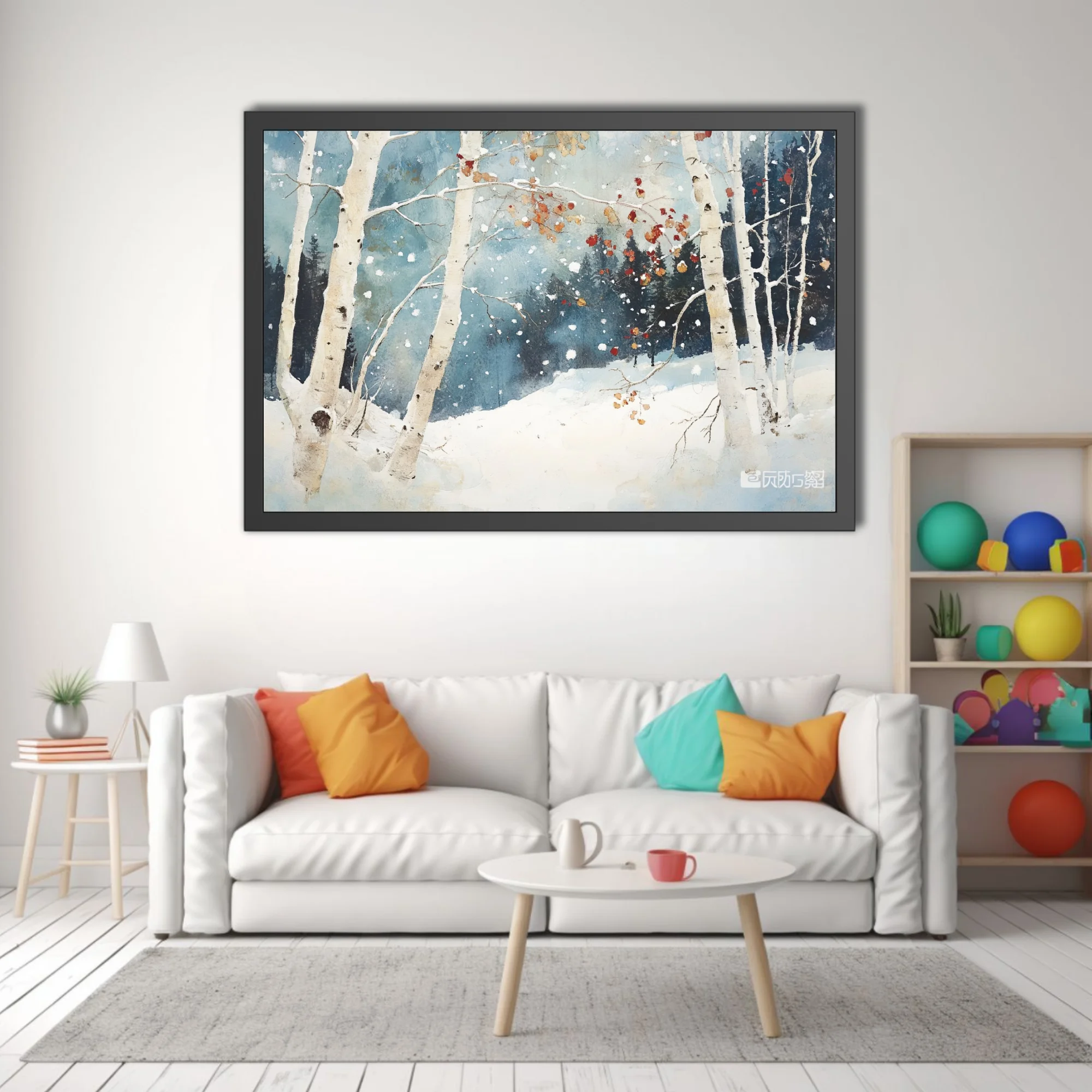 Painterly winter birch forest snowscape with falling snow, rust leaves, and slate-blue tones