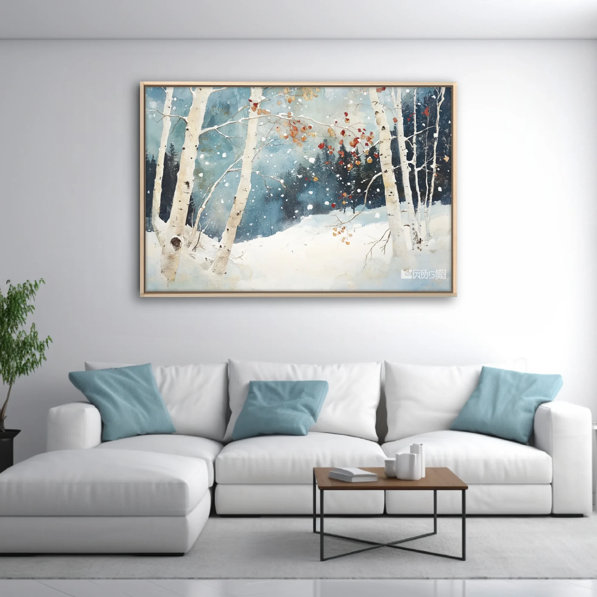 Painterly winter birch forest snowscape with falling snow, rust leaves, and slate-blue tones
