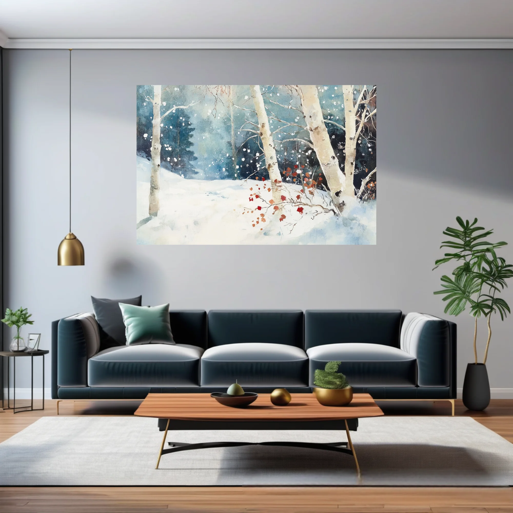 Watercolor-style winter birch forest with falling snow and rust-red leaves in teal and white tones
