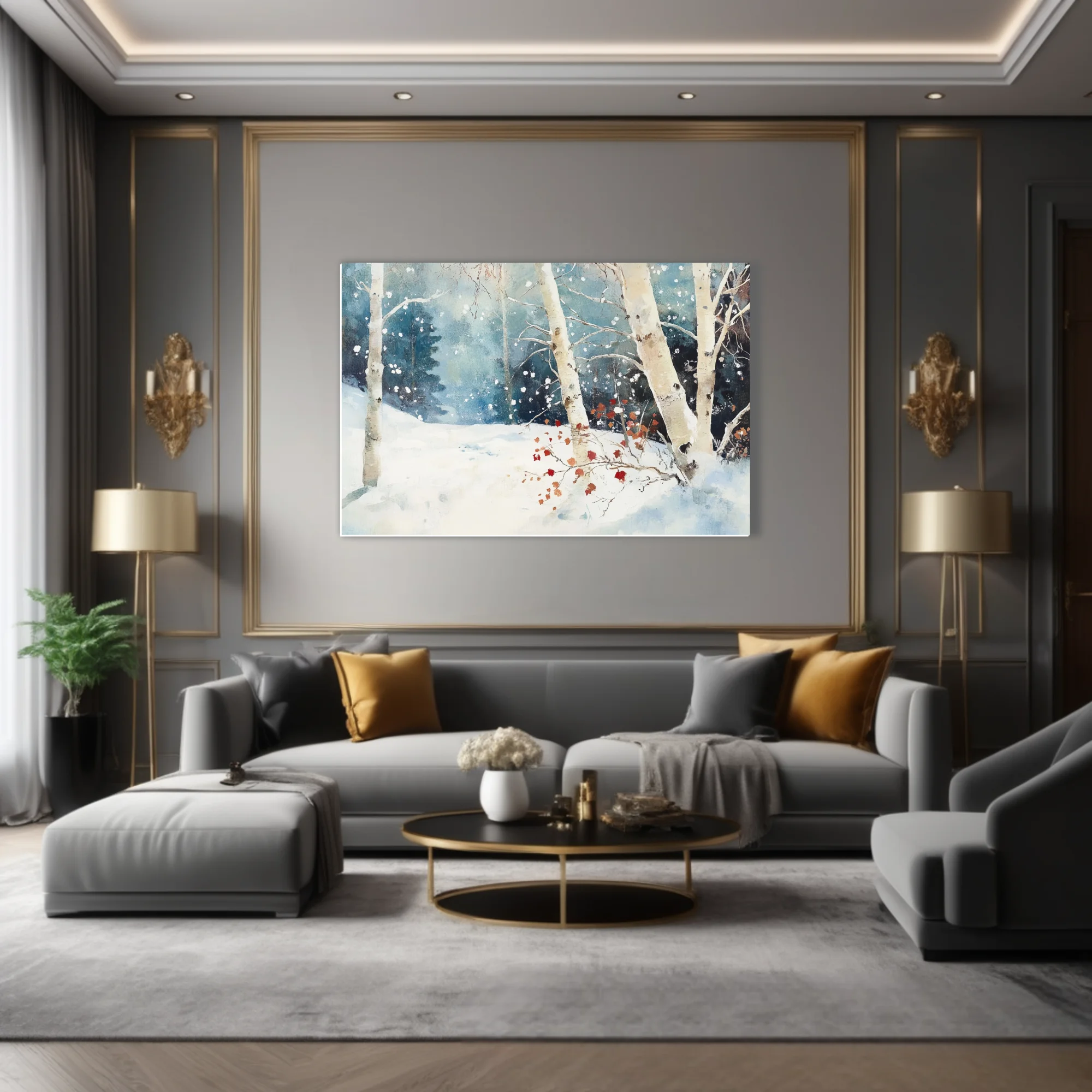 Watercolor-style winter birch forest with falling snow and rust-red leaves in teal and white tones