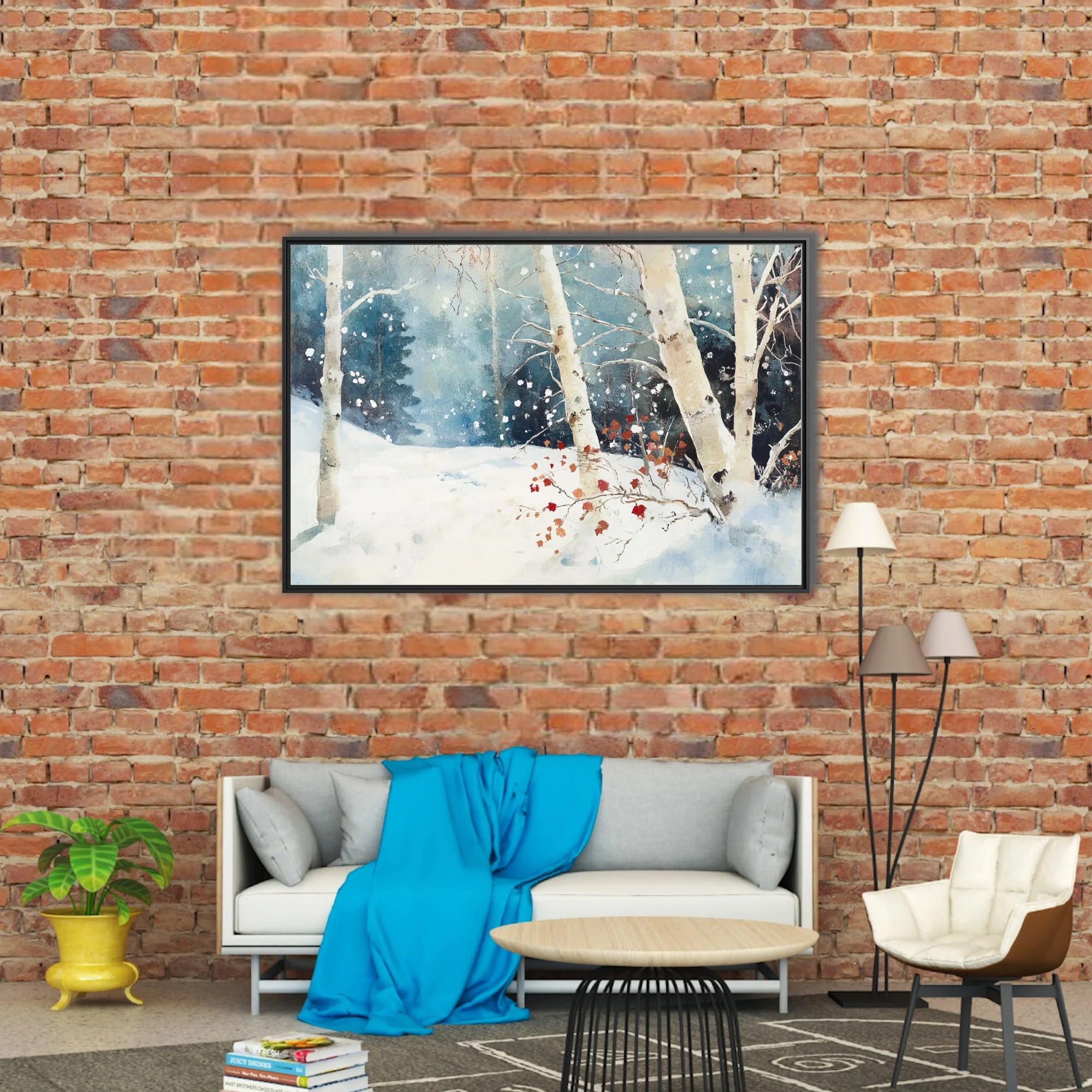 Watercolor-style winter birch forest with falling snow and rust-red leaves in teal and white tones