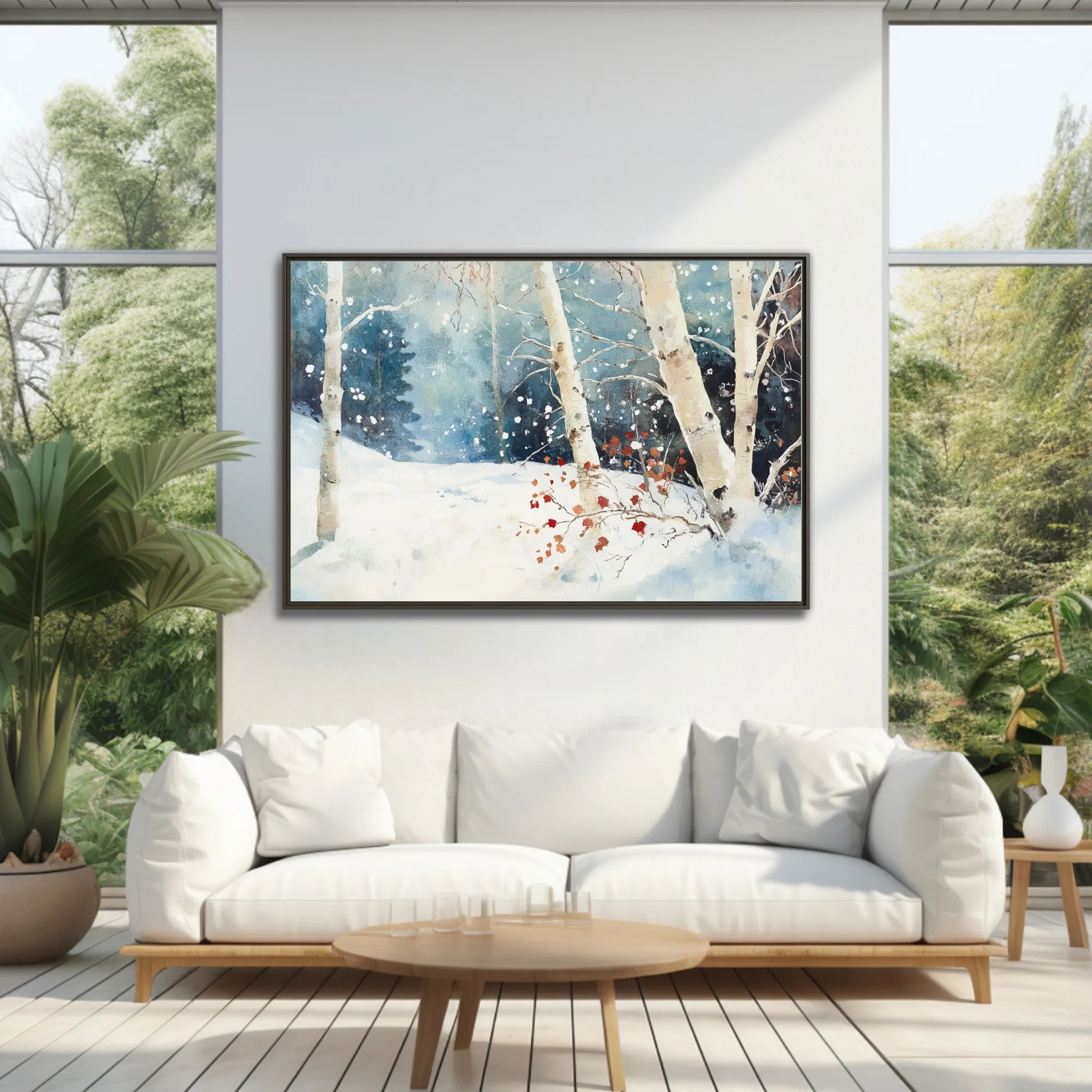 Watercolor-style winter birch forest with falling snow and rust-red leaves in teal and white tones
