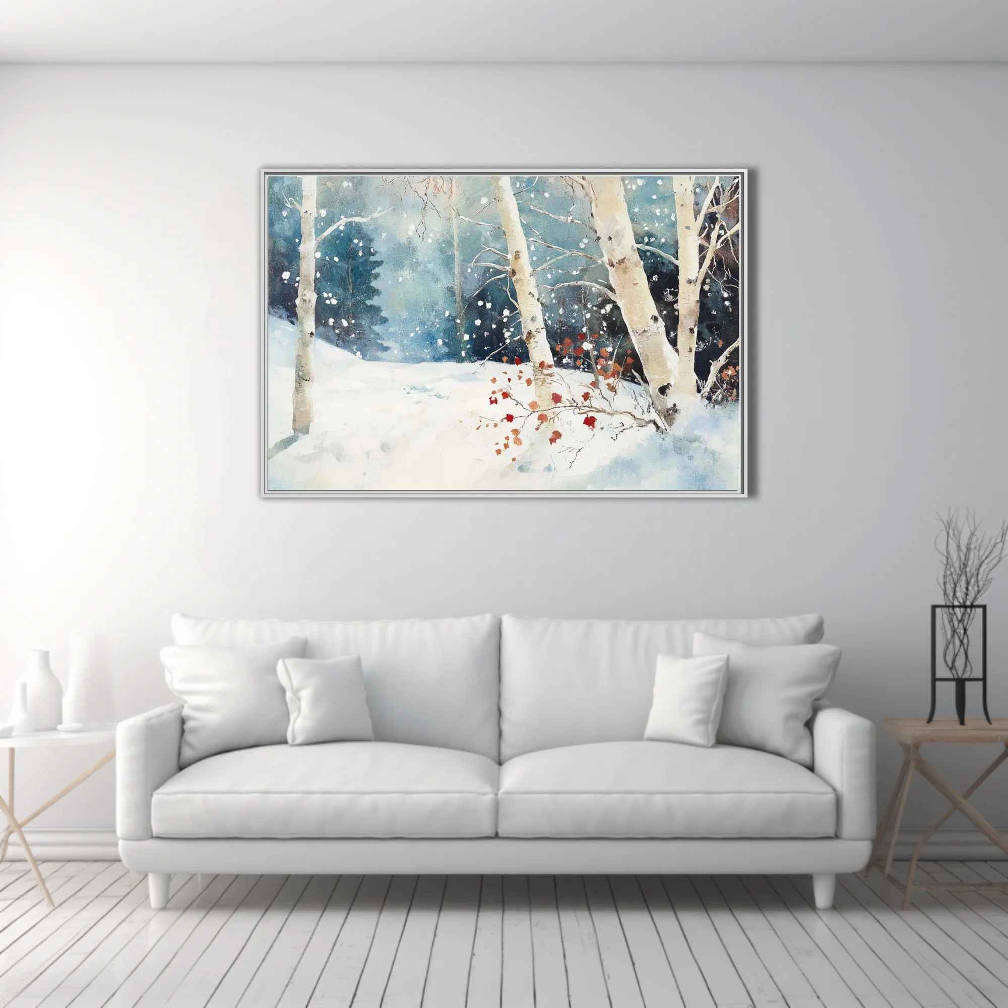 Watercolor-style winter birch forest with falling snow and rust-red leaves in teal and white tones