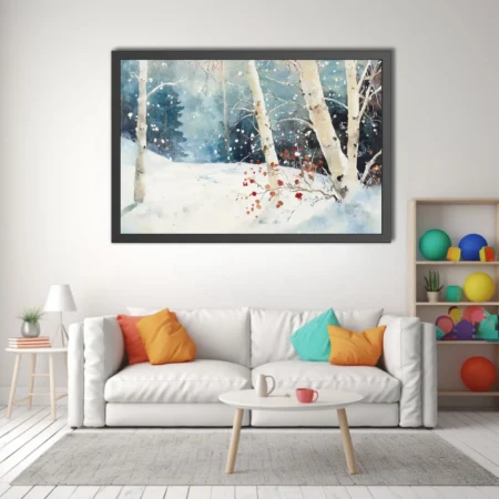 Watercolor-style winter birch forest with falling snow and rust-red leaves in teal and white tones