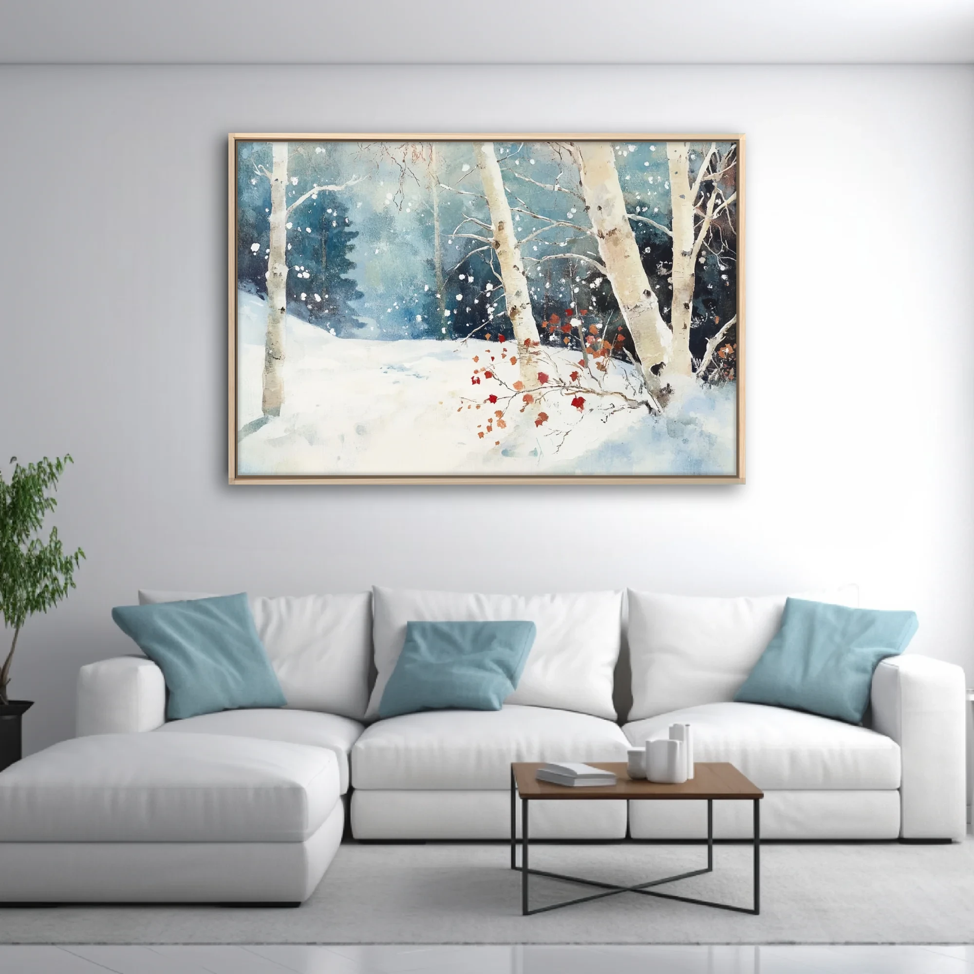 Watercolor-style winter birch forest with falling snow and rust-red leaves in teal and white tones