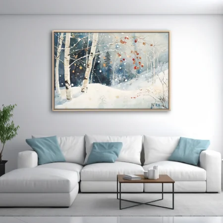 Watercolor-style birch forest in snow with autumn leaves, blue-grey winter palette