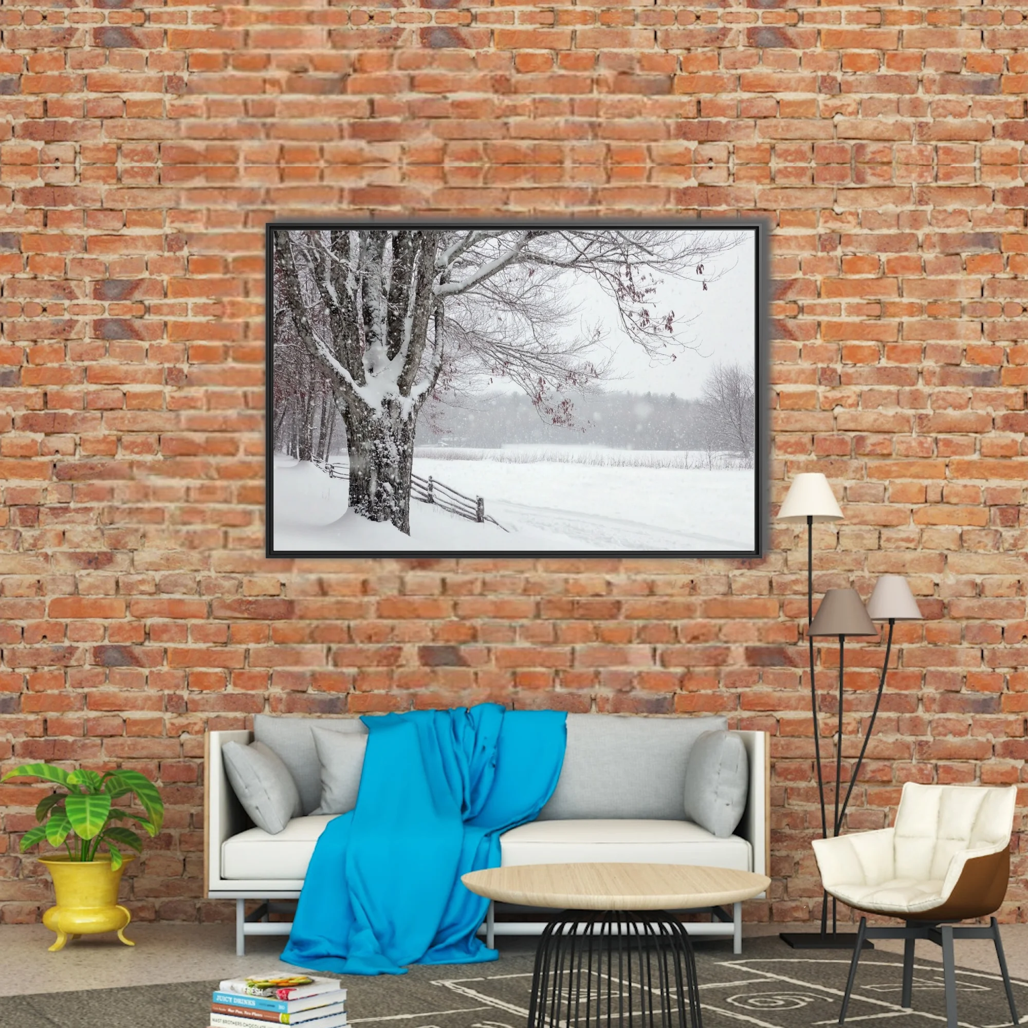 Snowy winter landscape with bare trees, wooden fence, and blizzard snowfall