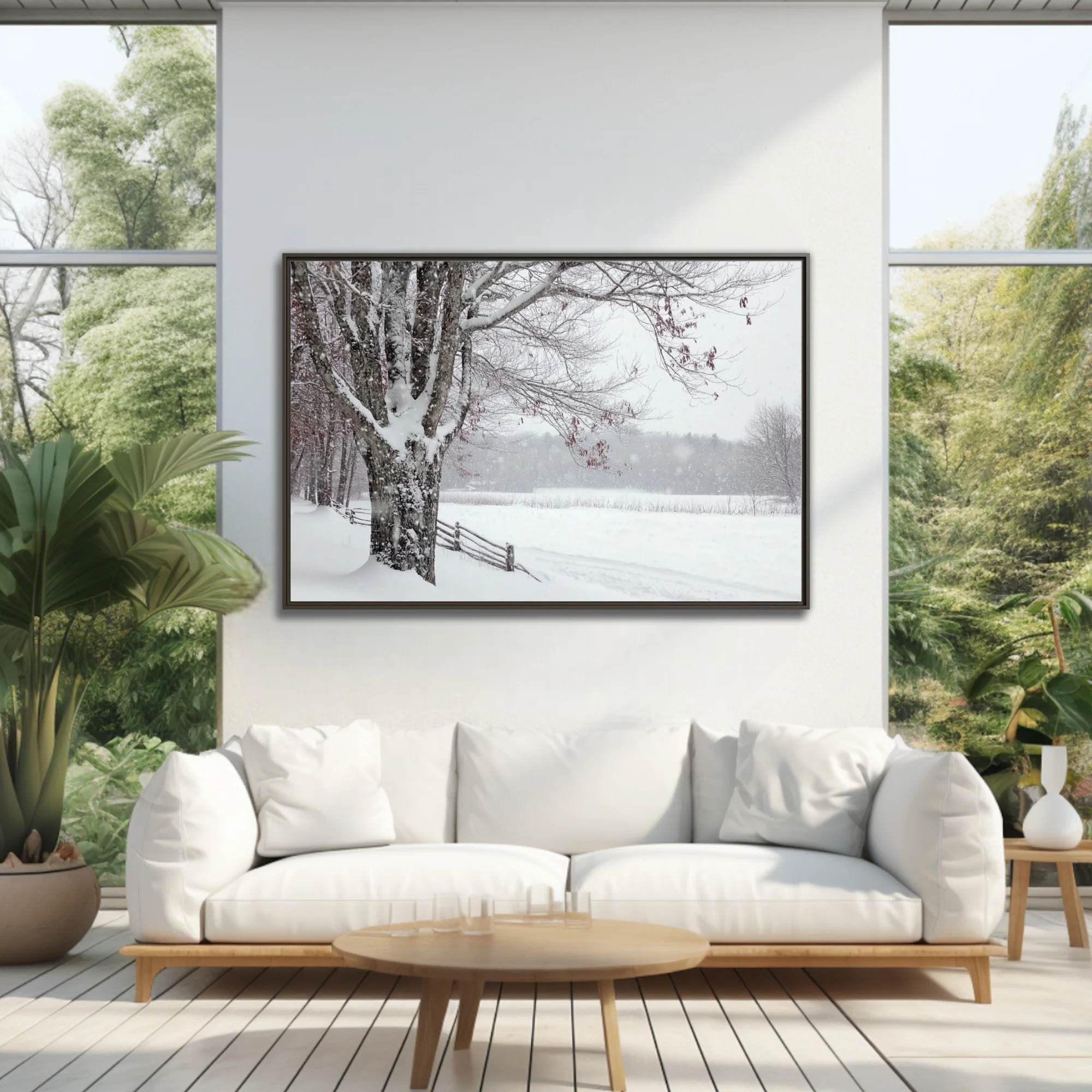 Snowy winter landscape with bare trees, wooden fence, and blizzard snowfall