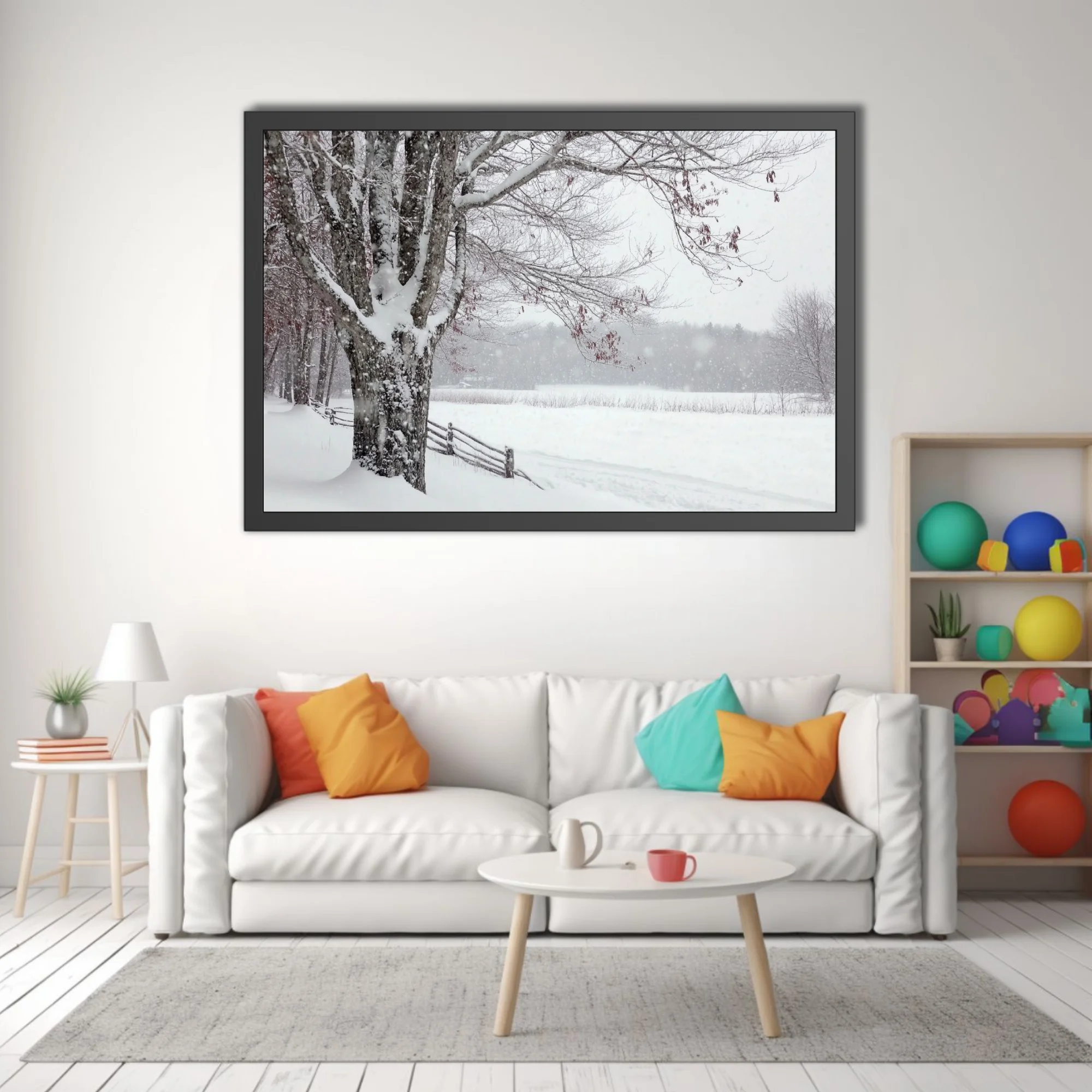 Snowy winter landscape with bare trees, wooden fence, and blizzard snowfall
