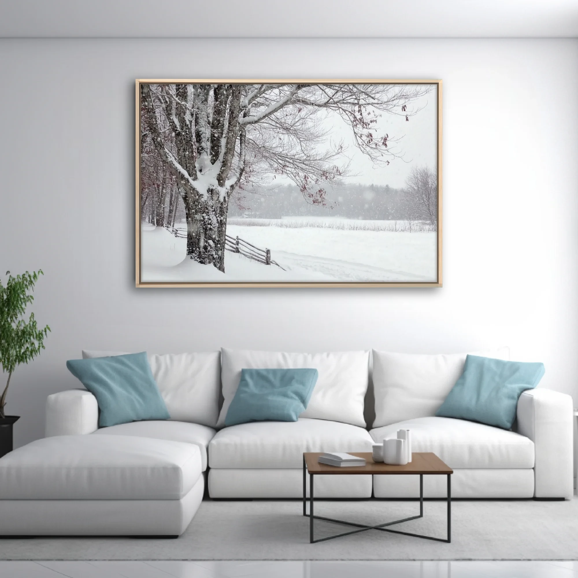 Snowy winter landscape with bare trees, wooden fence, and blizzard snowfall