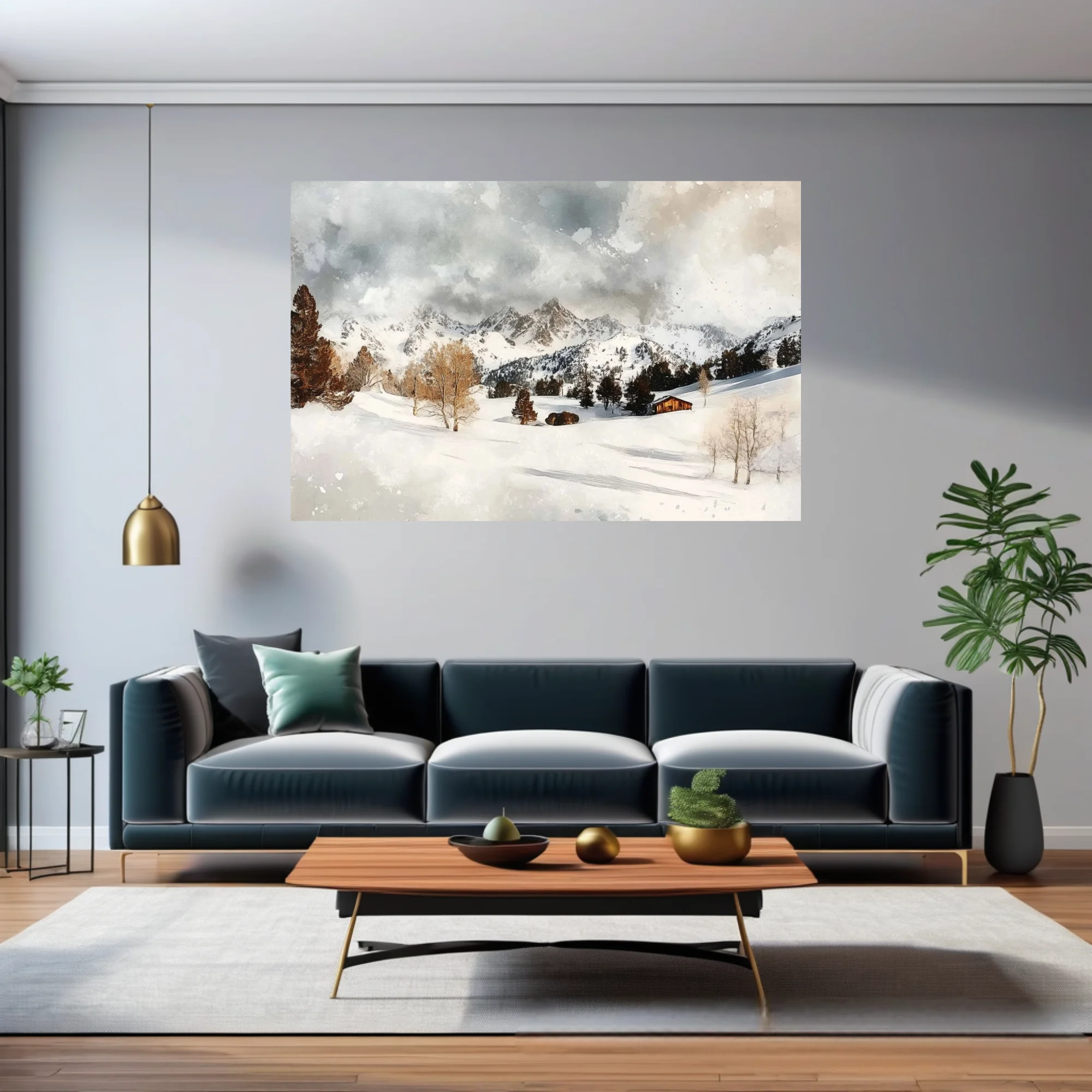 Watercolor-style snowy alpine valley with cabin, amber trees, and mountain peaks