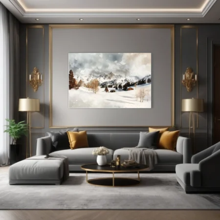Watercolor-style snowy alpine valley with cabin, amber trees, and mountain peaks