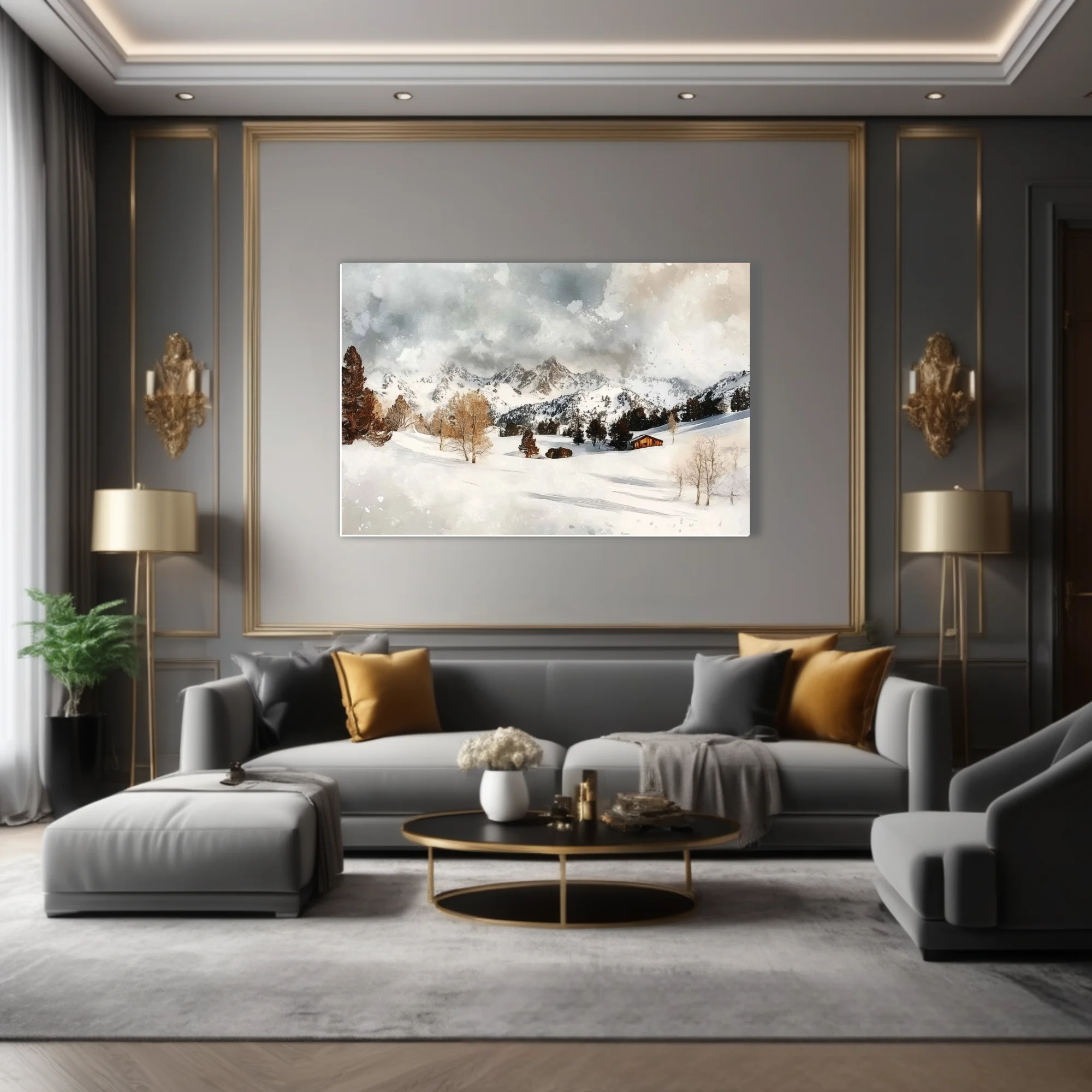 Watercolor-style snowy alpine valley with cabin, amber trees, and mountain peaks