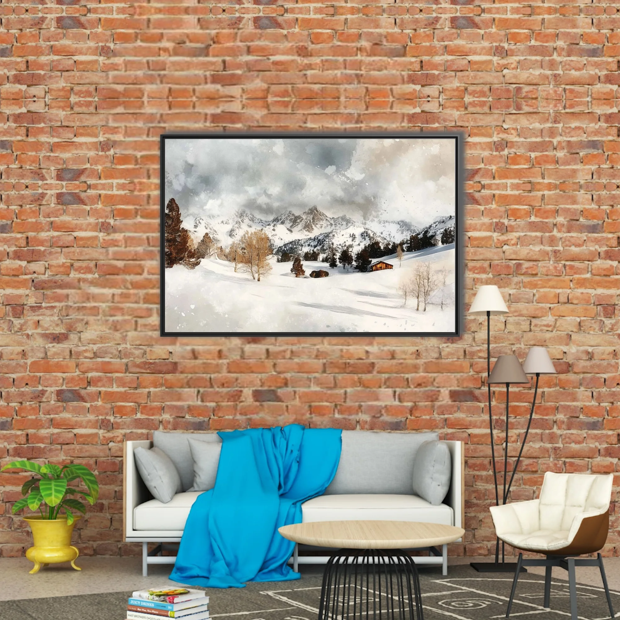 Watercolor-style snowy alpine valley with cabin, amber trees, and mountain peaks