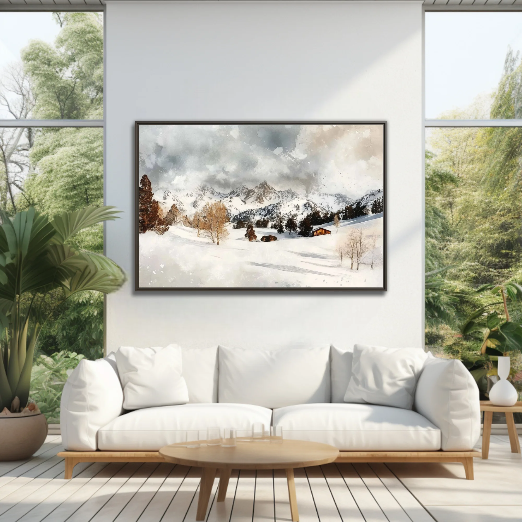 Watercolor-style snowy alpine valley with cabin, amber trees, and mountain peaks