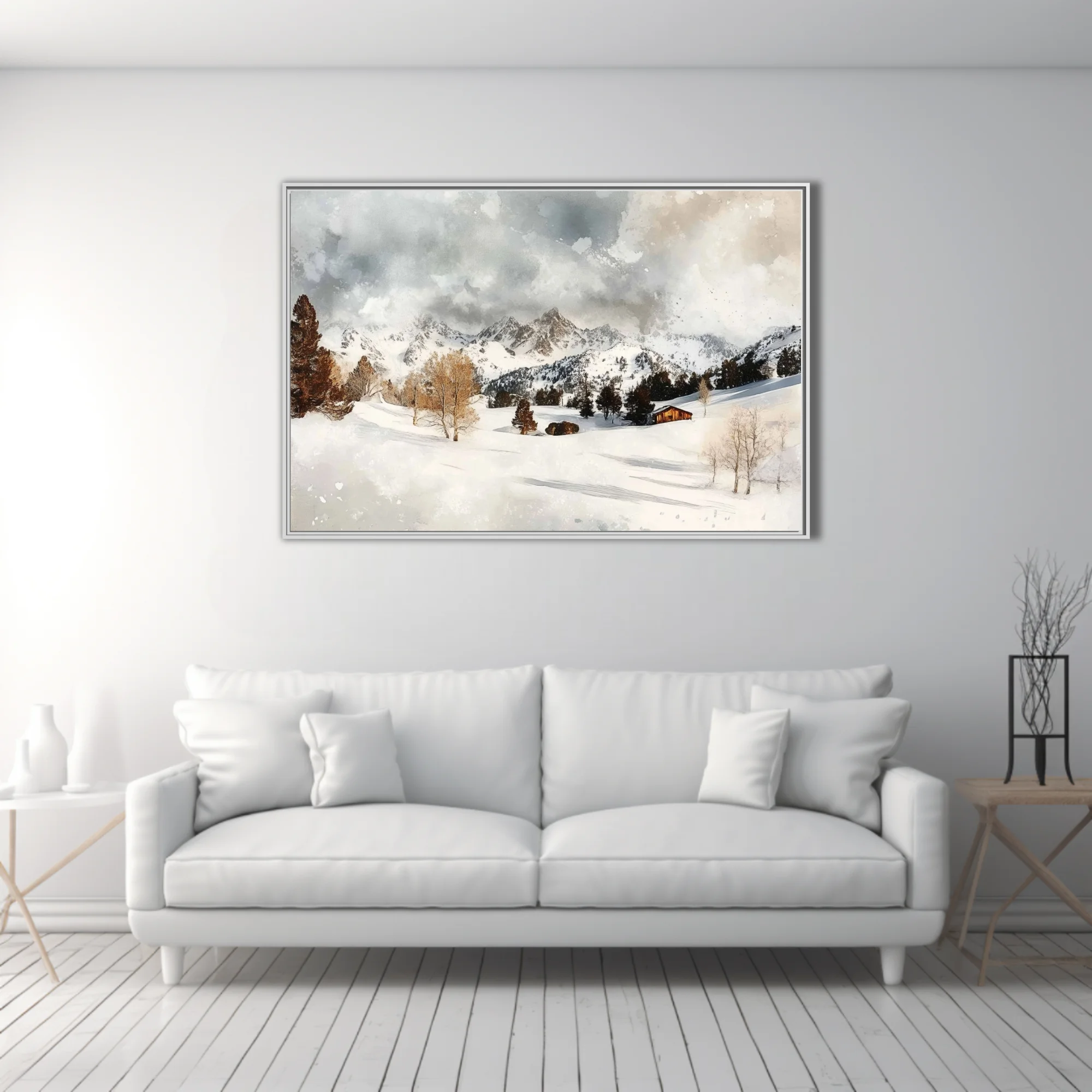 Watercolor-style snowy alpine valley with cabin, amber trees, and mountain peaks