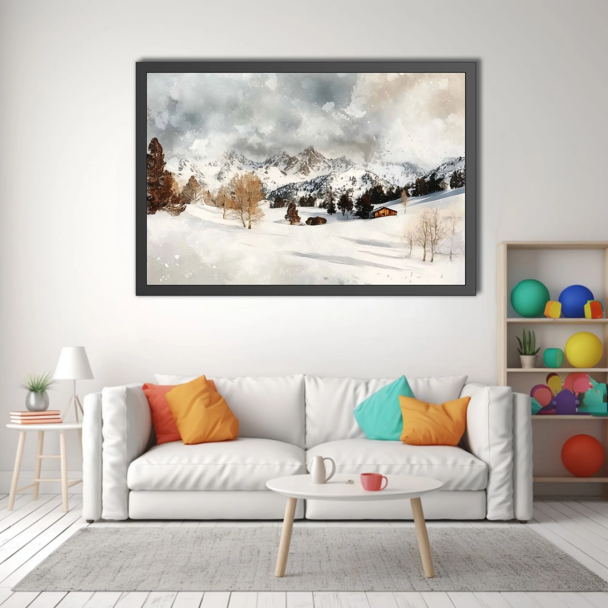 Watercolor-style snowy alpine valley with cabin, amber trees, and mountain peaks
