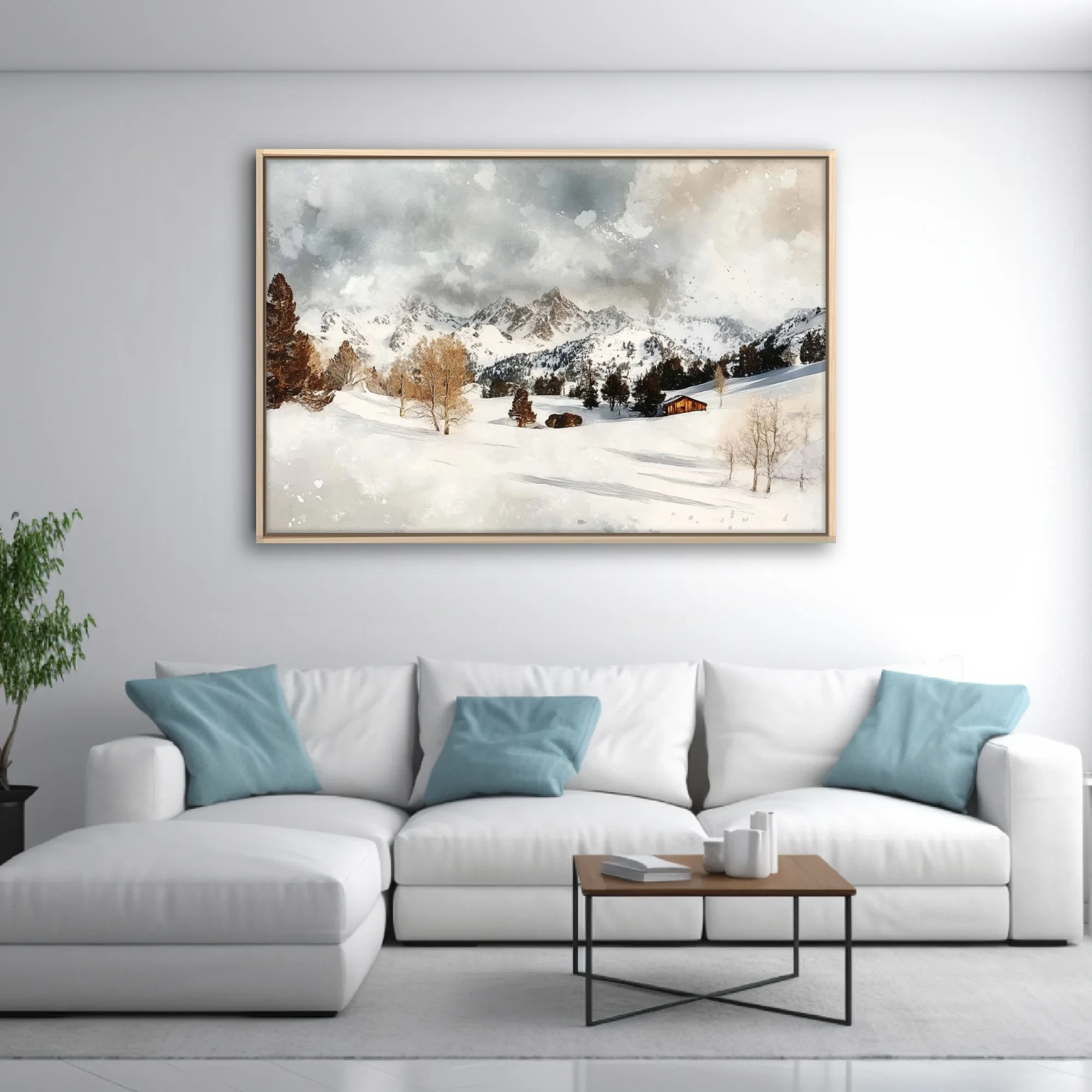 Watercolor-style snowy alpine valley with cabin, amber trees, and mountain peaks