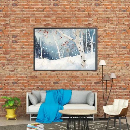 Watercolor-style winter birch forest with red leaves and falling snow, blue palette