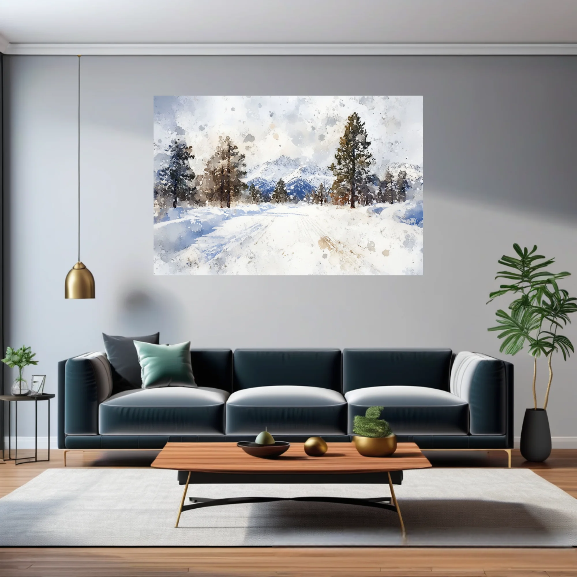 Watercolor-style snowy alpine landscape with evergreen trees and mountain peaks