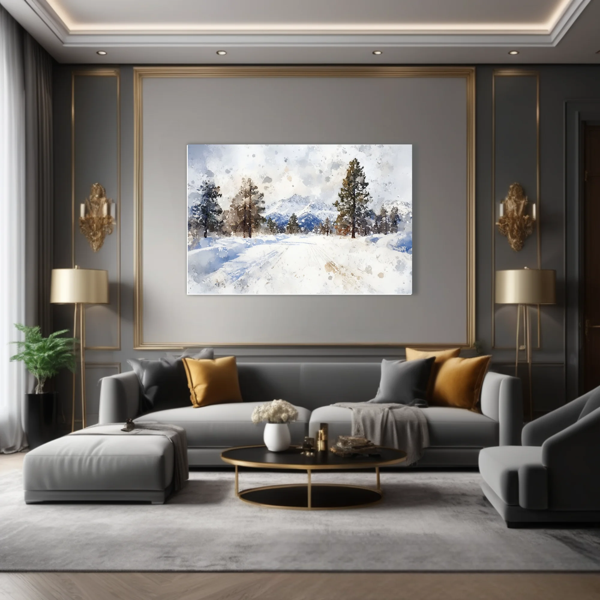 Watercolor-style snowy alpine landscape with evergreen trees and mountain peaks