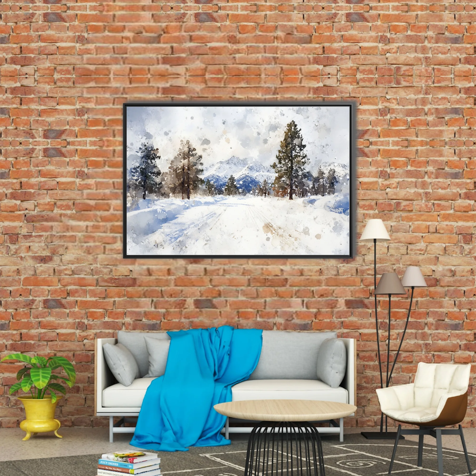 Watercolor-style snowy alpine landscape with evergreen trees and mountain peaks