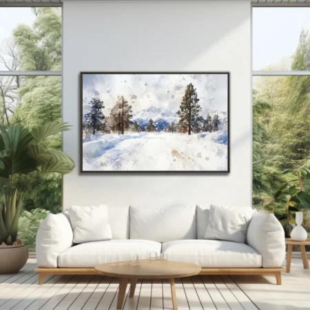 Watercolor-style snowy alpine landscape with evergreen trees and mountain peaks