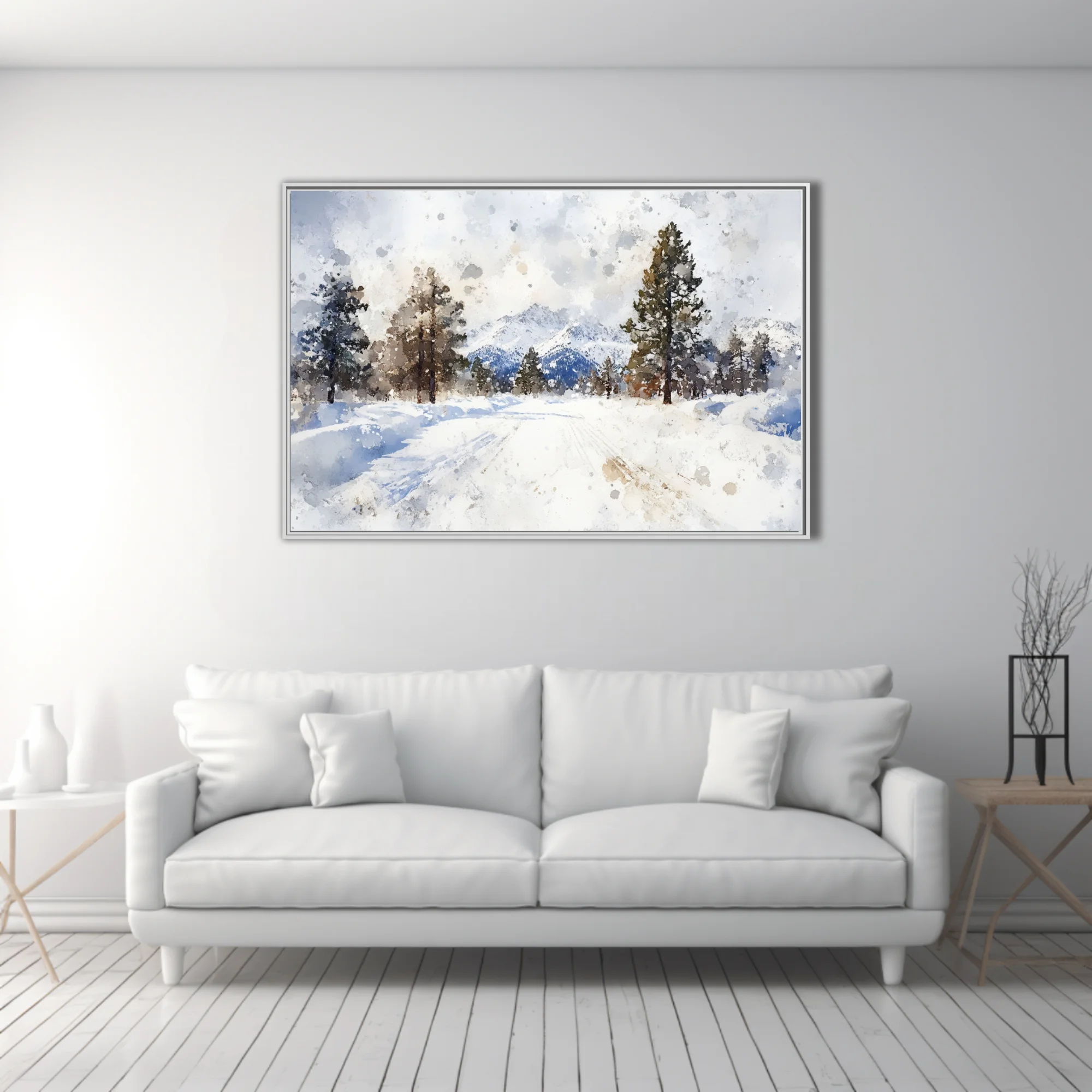 Watercolor-style snowy alpine landscape with evergreen trees and mountain peaks