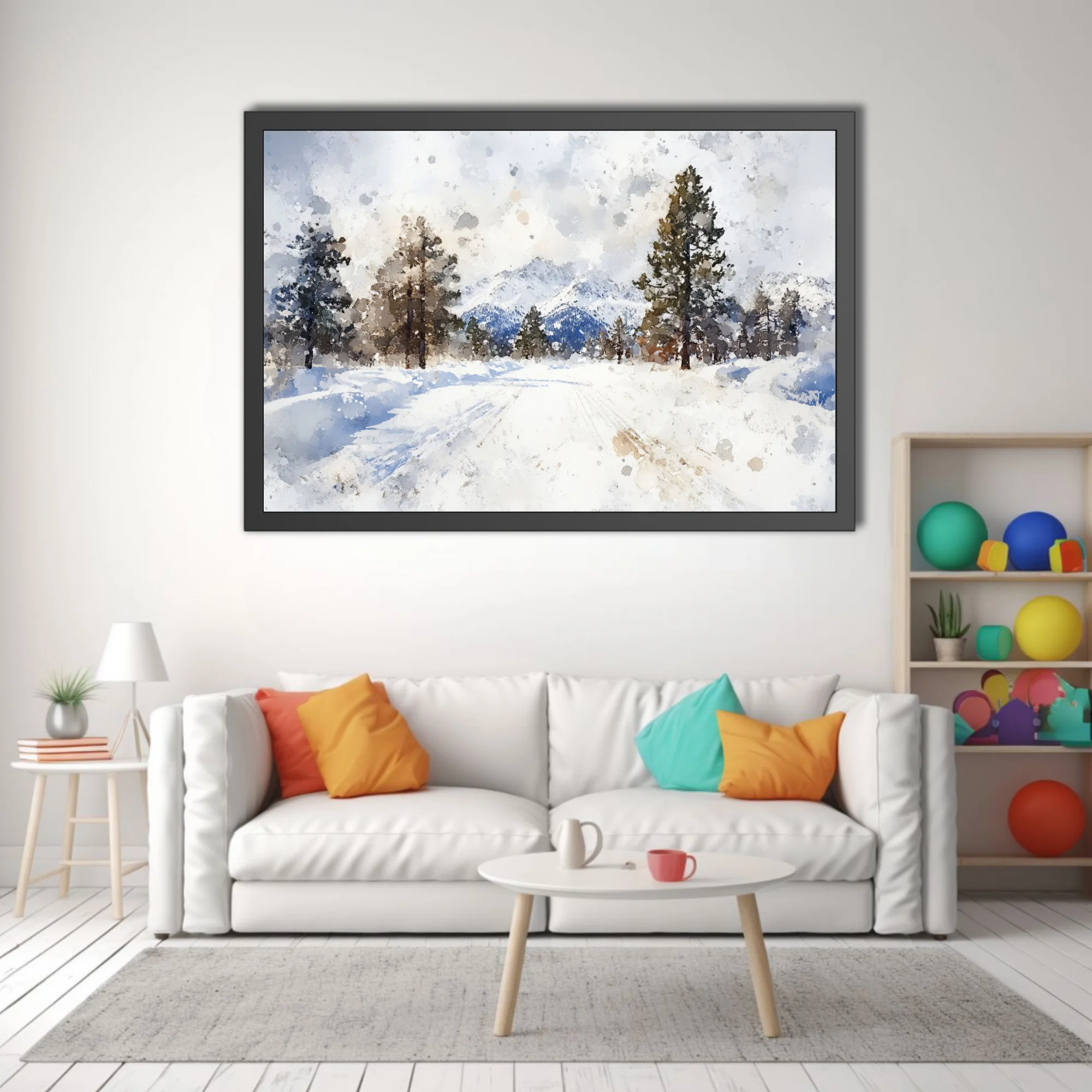 Watercolor-style snowy alpine landscape with evergreen trees and mountain peaks