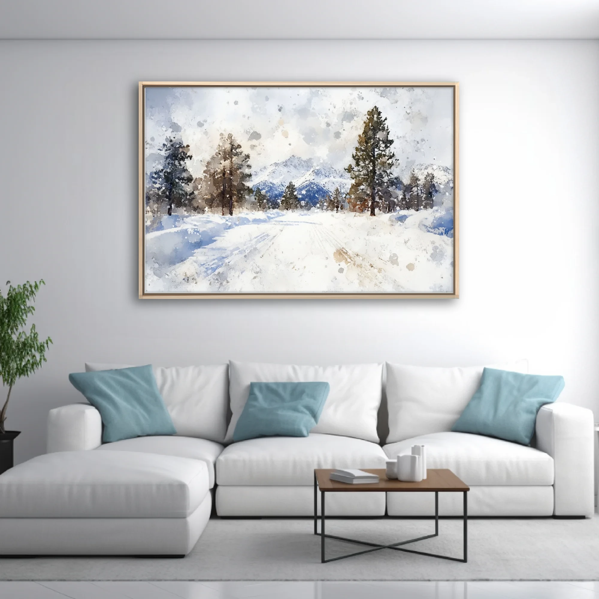 Watercolor-style snowy alpine landscape with evergreen trees and mountain peaks
