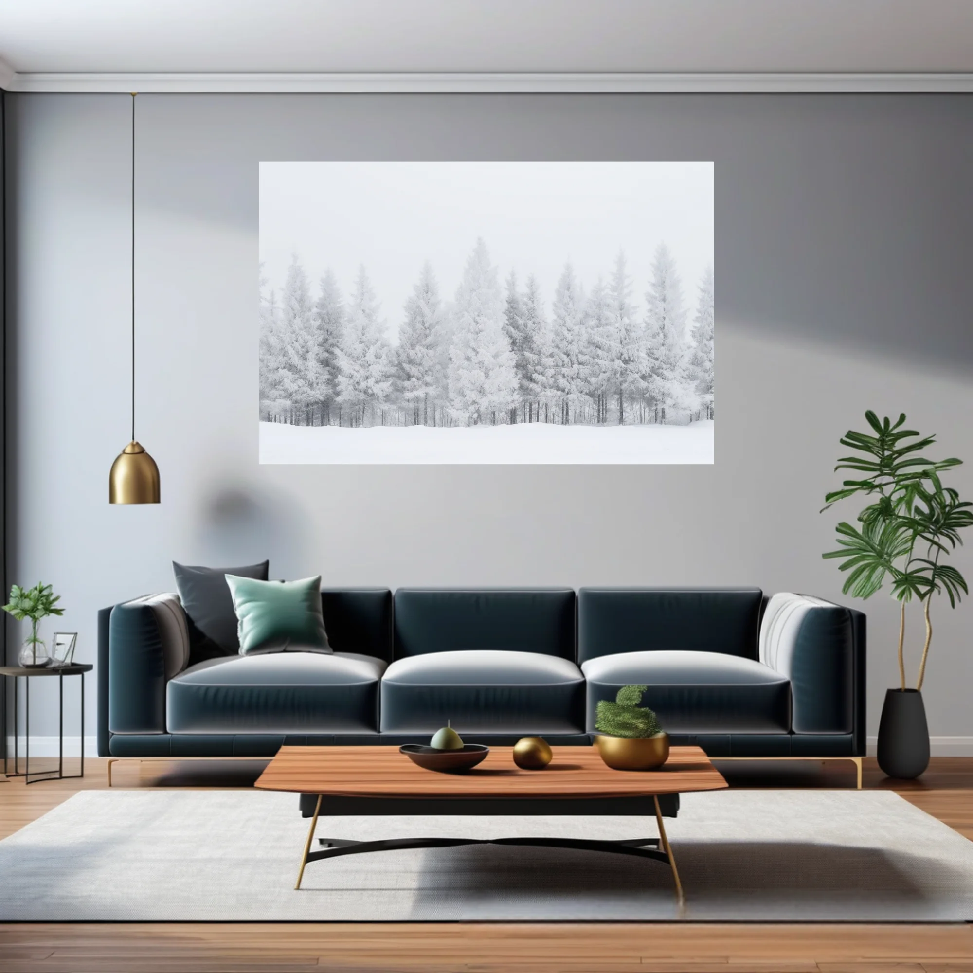 Frost-covered conifer forest in misty white winter landscape, minimalist monochrome