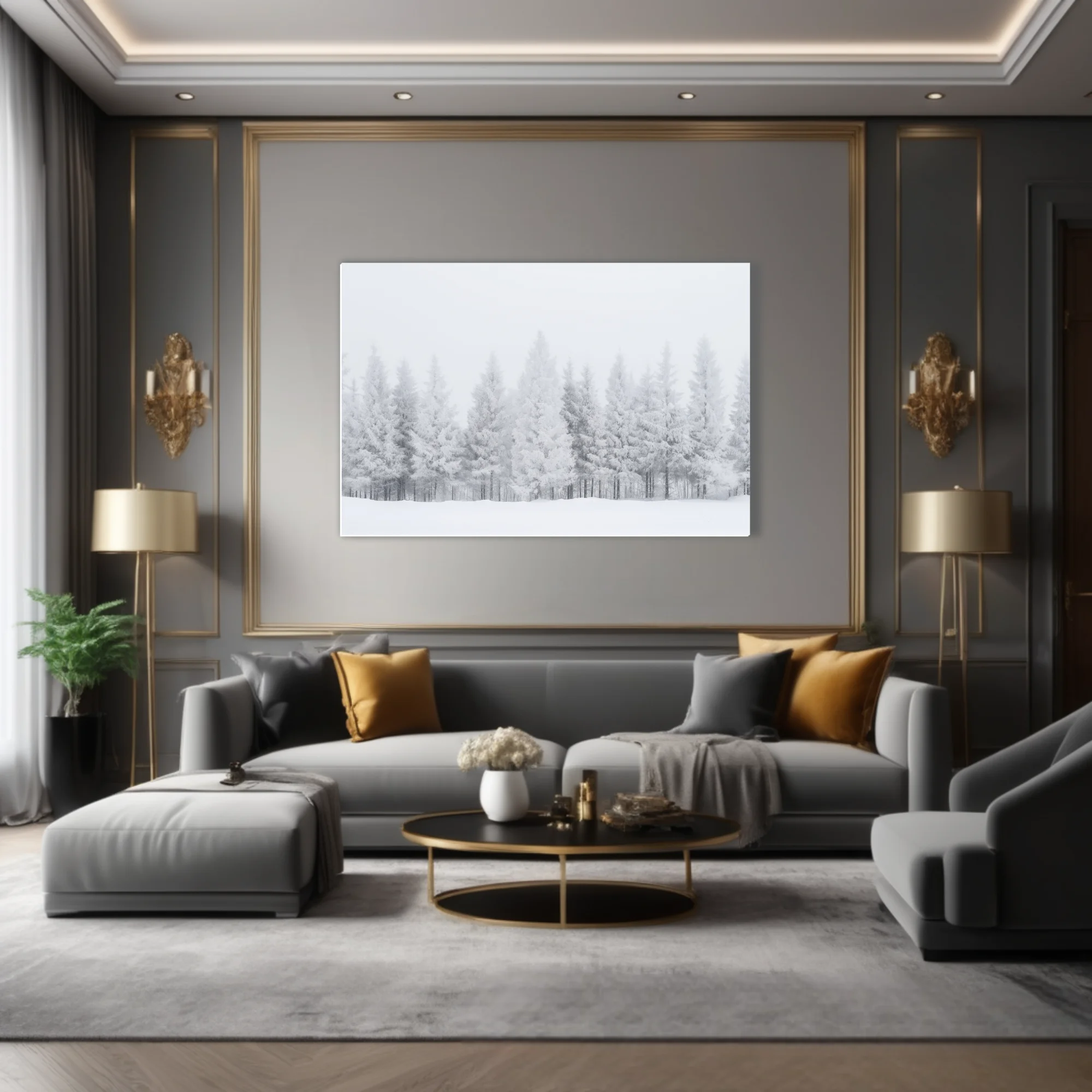 Frost-covered conifer forest in misty white winter landscape, minimalist monochrome