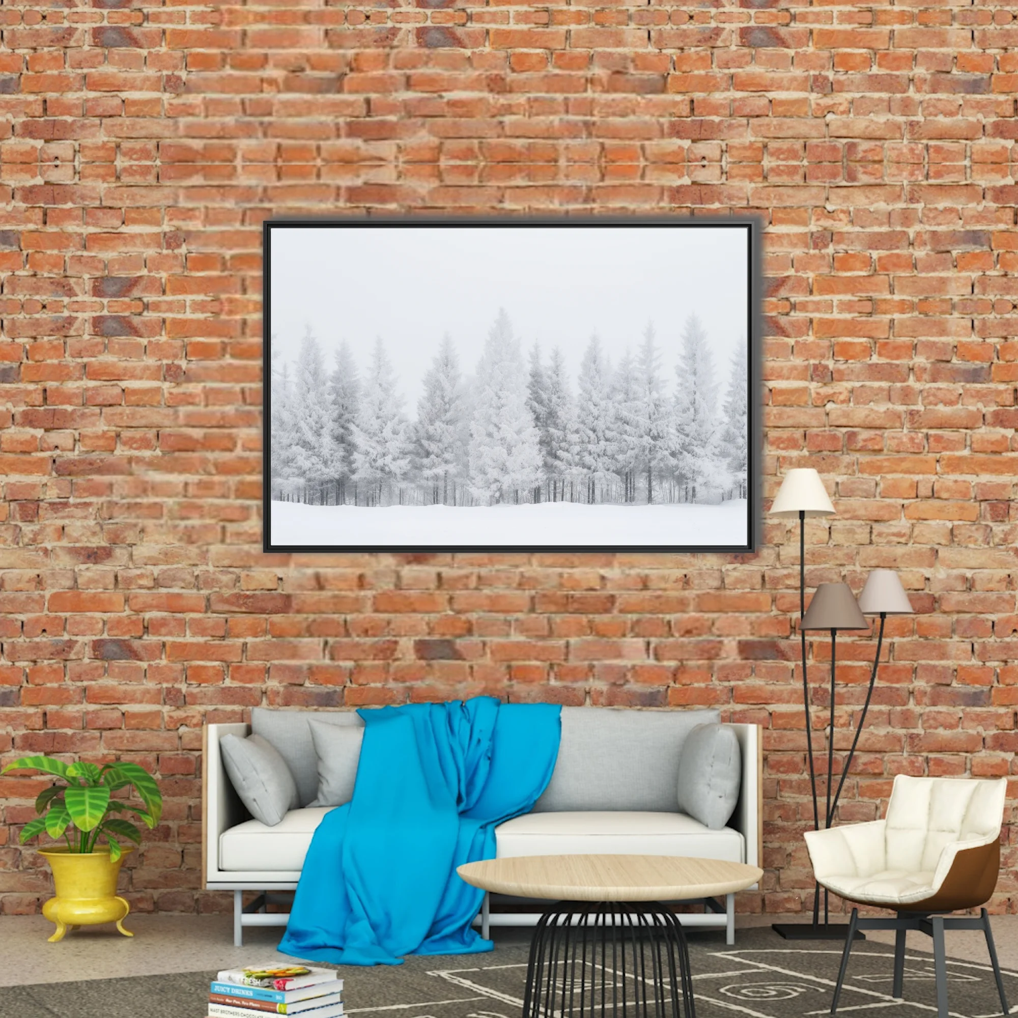 Frost-covered conifer forest in misty white winter landscape, minimalist monochrome