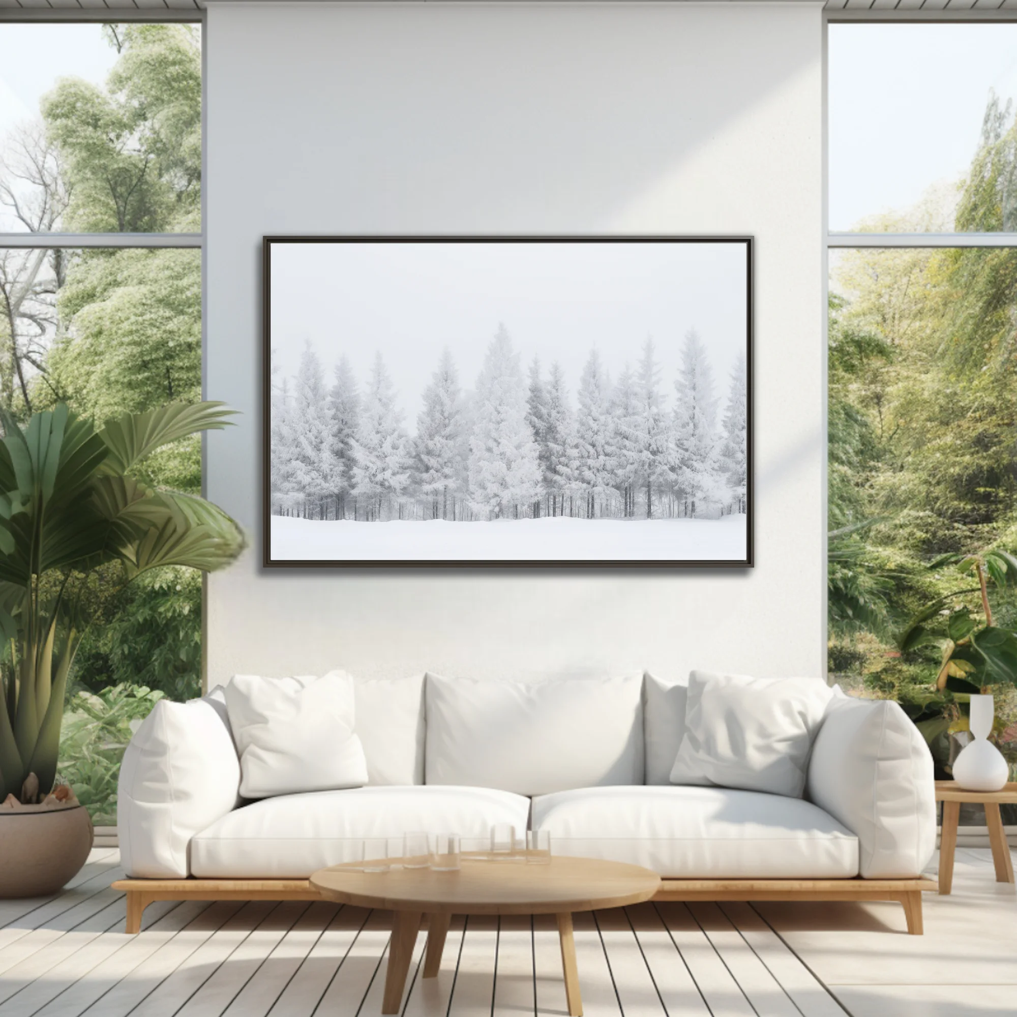 Frost-covered conifer forest in misty white winter landscape, minimalist monochrome