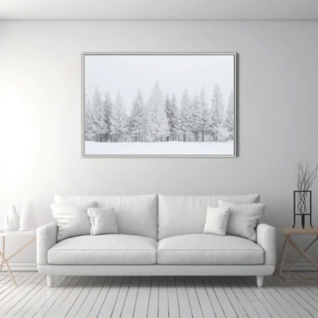 Frost-covered conifer forest in misty white winter landscape, minimalist monochrome