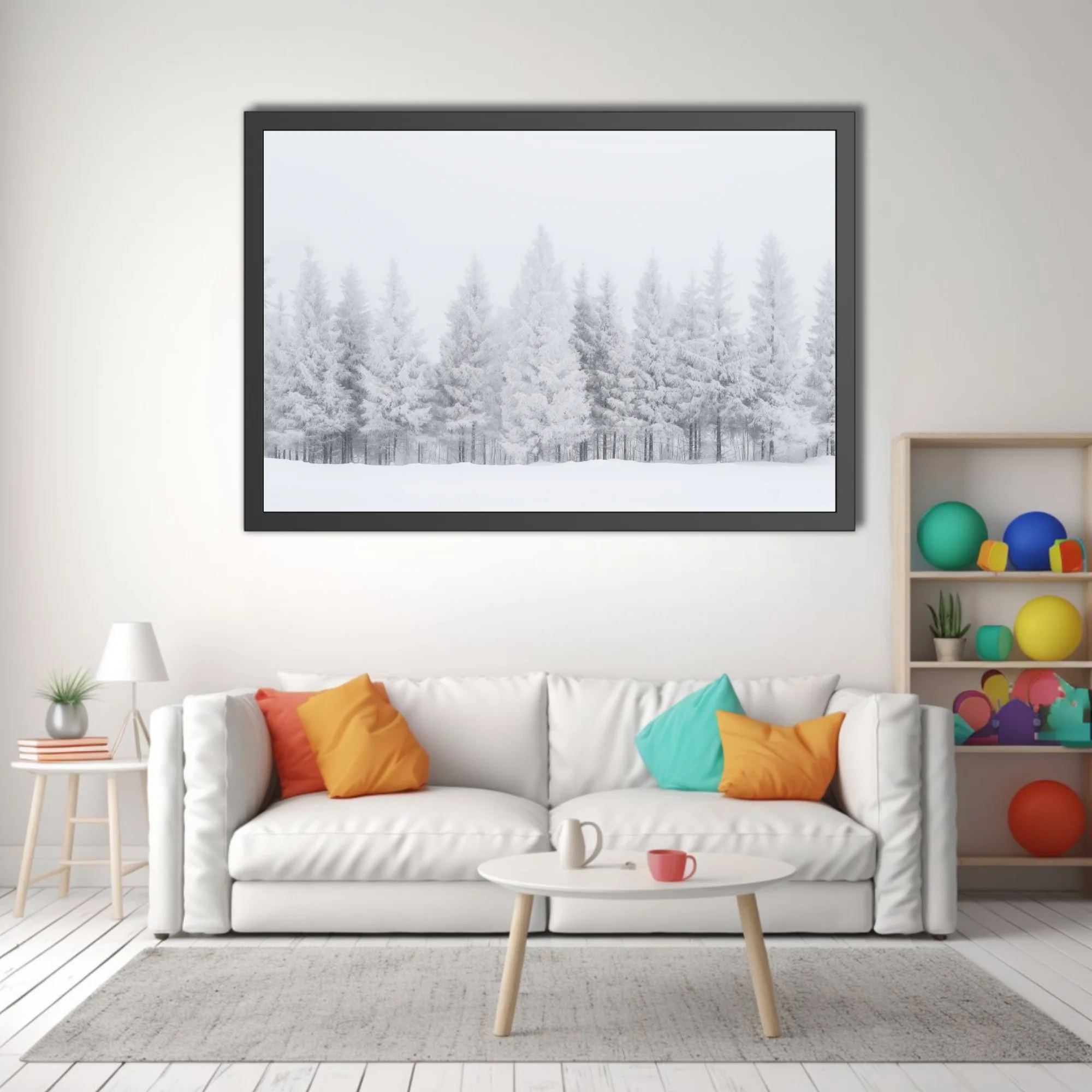 Frost-covered conifer forest in misty white winter landscape, minimalist monochrome