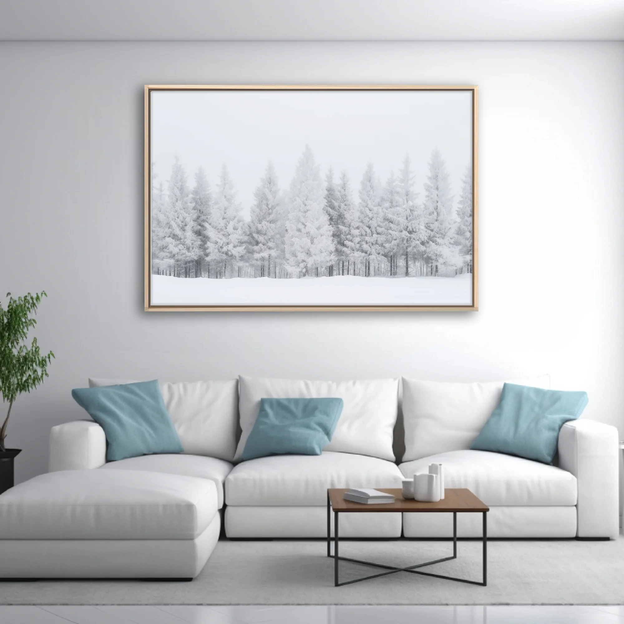 Frost-covered conifer forest in misty white winter landscape, minimalist monochrome