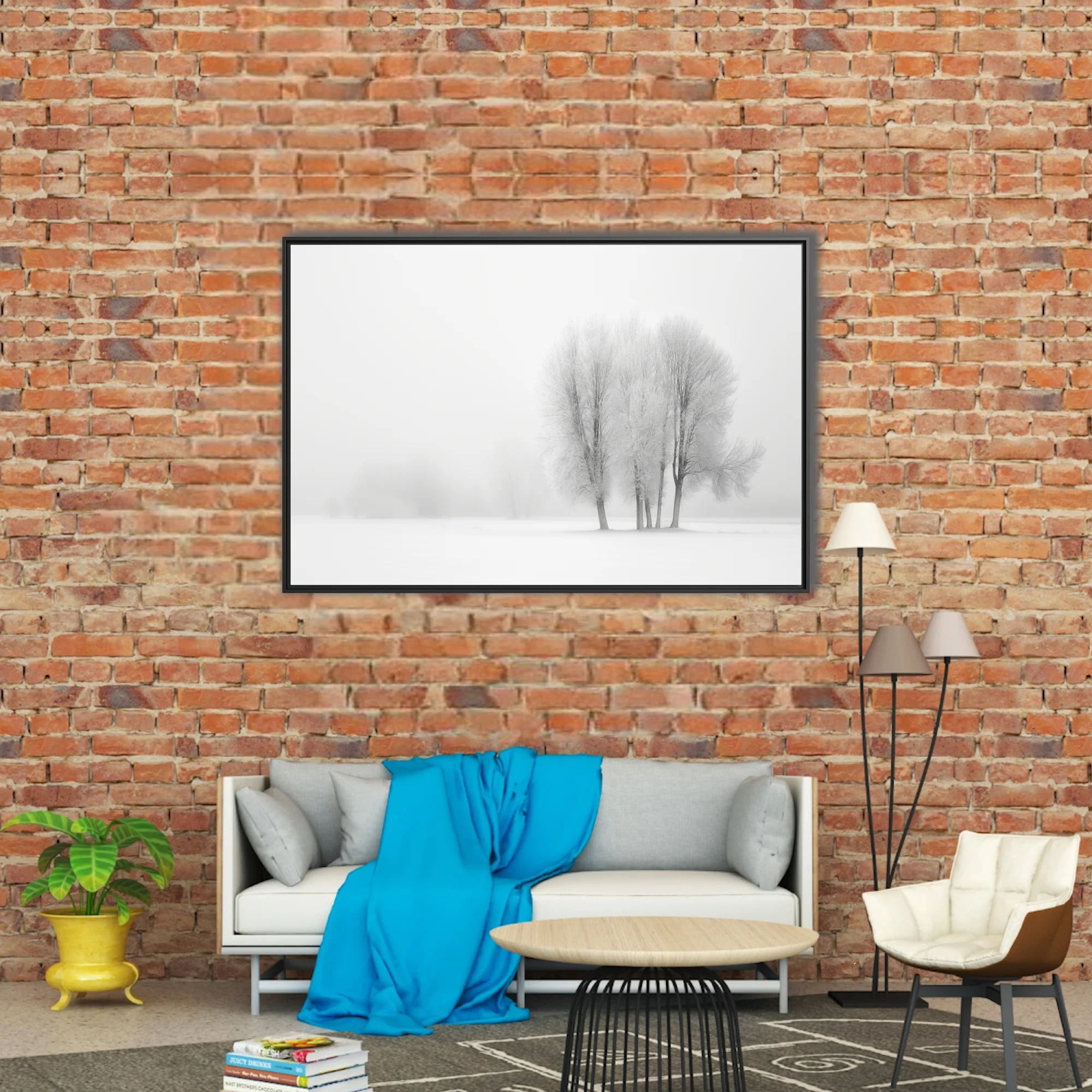 Minimalist winter landscape frost-covered bare trees in white foggy snowfield