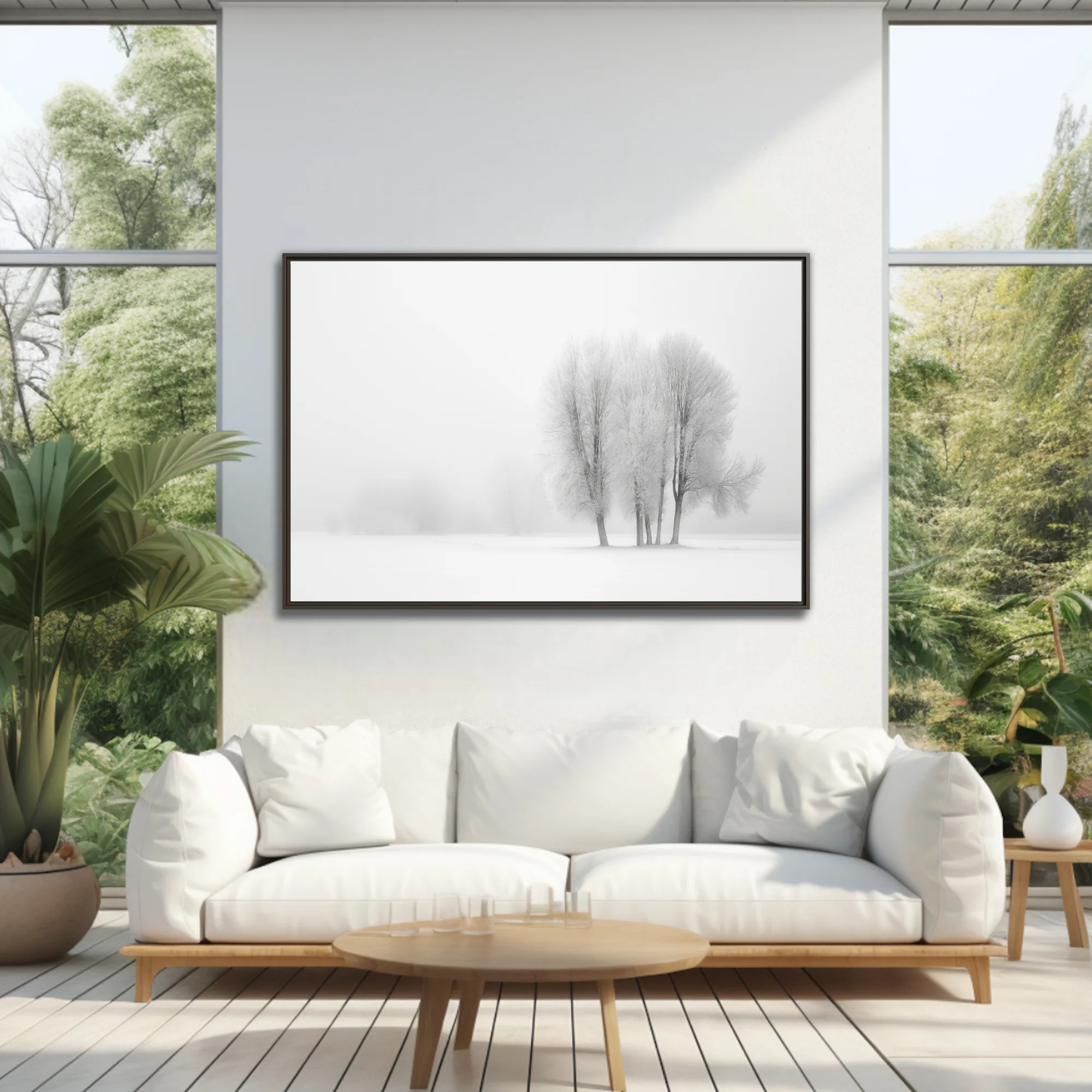 Minimalist winter landscape frost-covered bare trees in white foggy snowfield