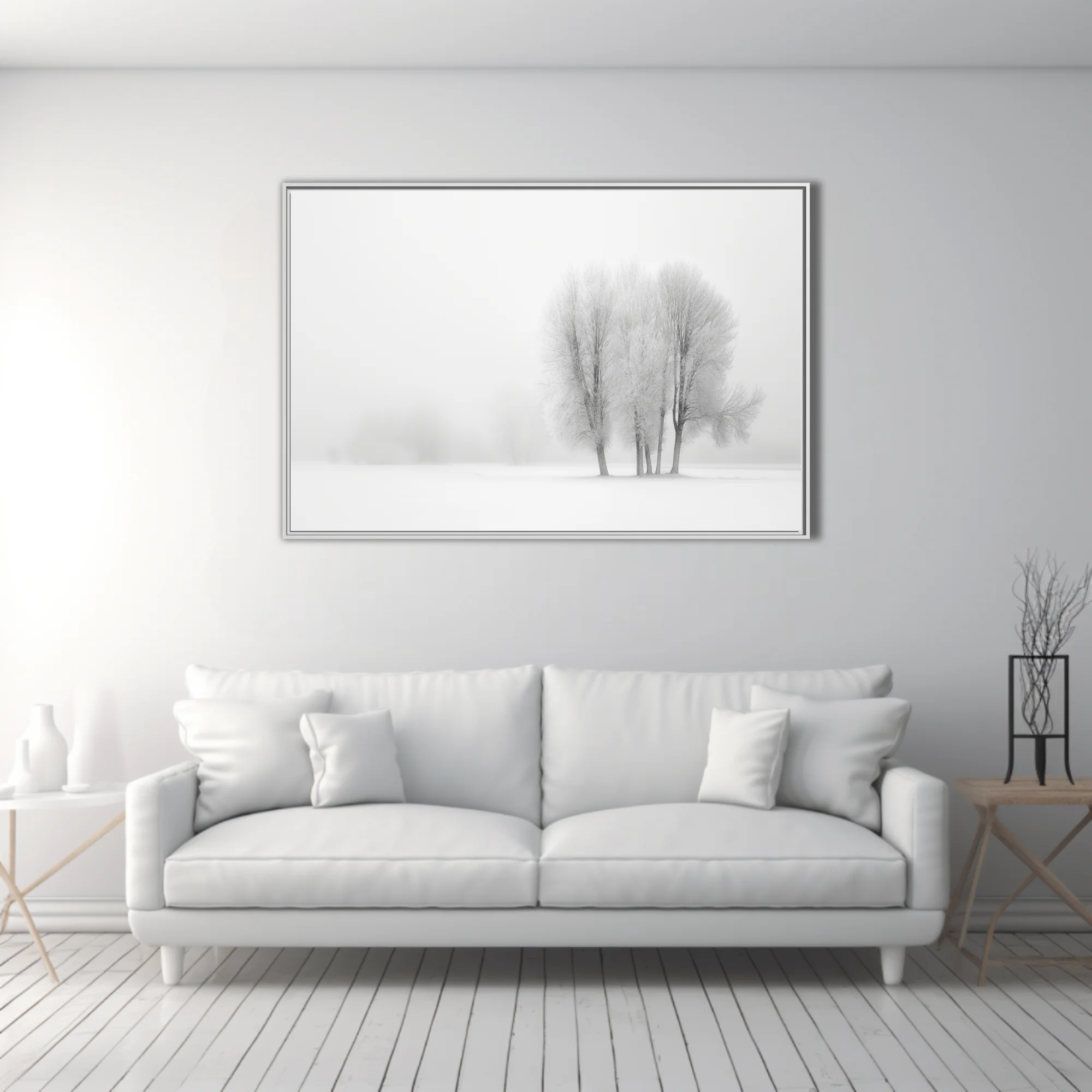 Minimalist winter landscape frost-covered bare trees in white foggy snowfield
