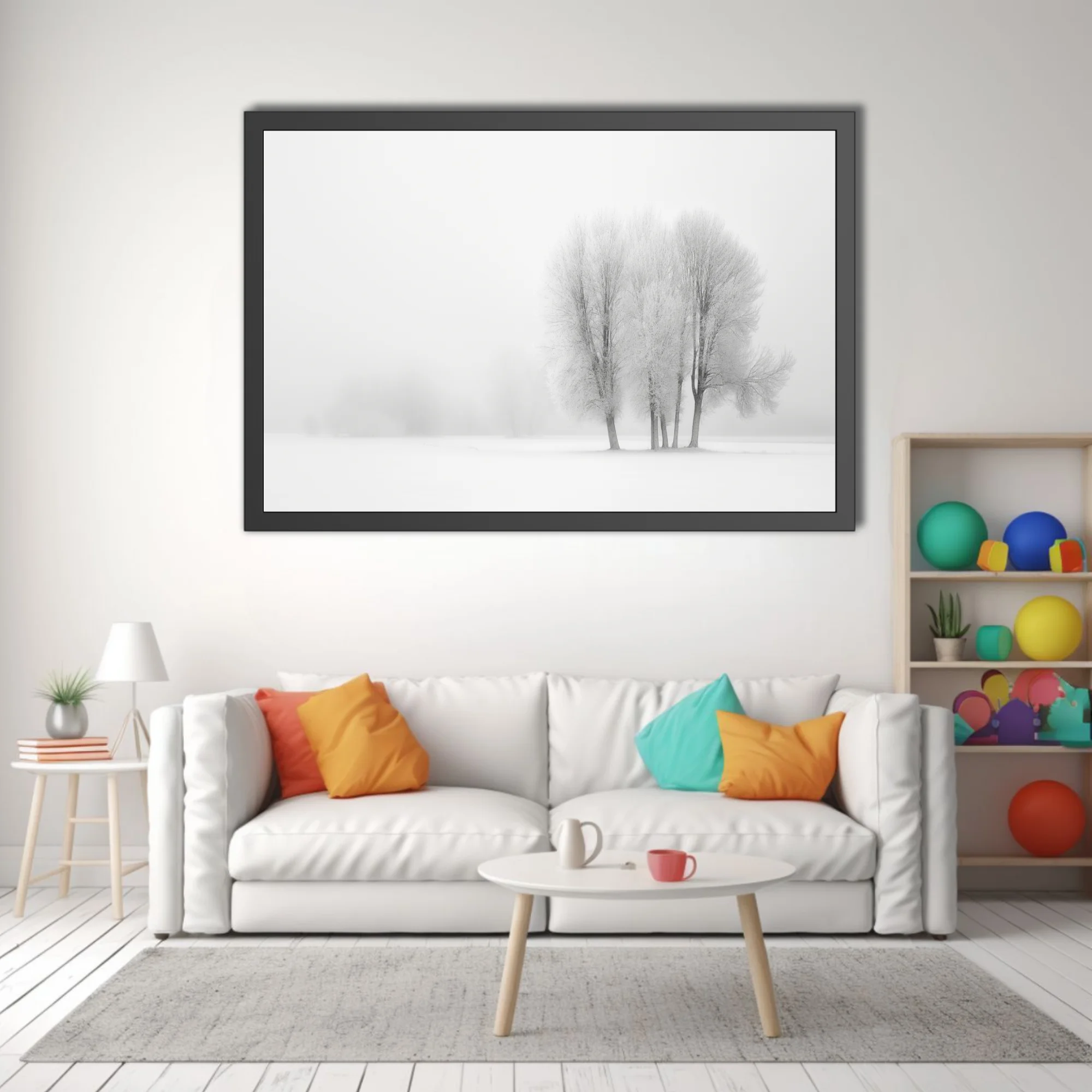 Minimalist winter landscape frost-covered bare trees in white foggy snowfield