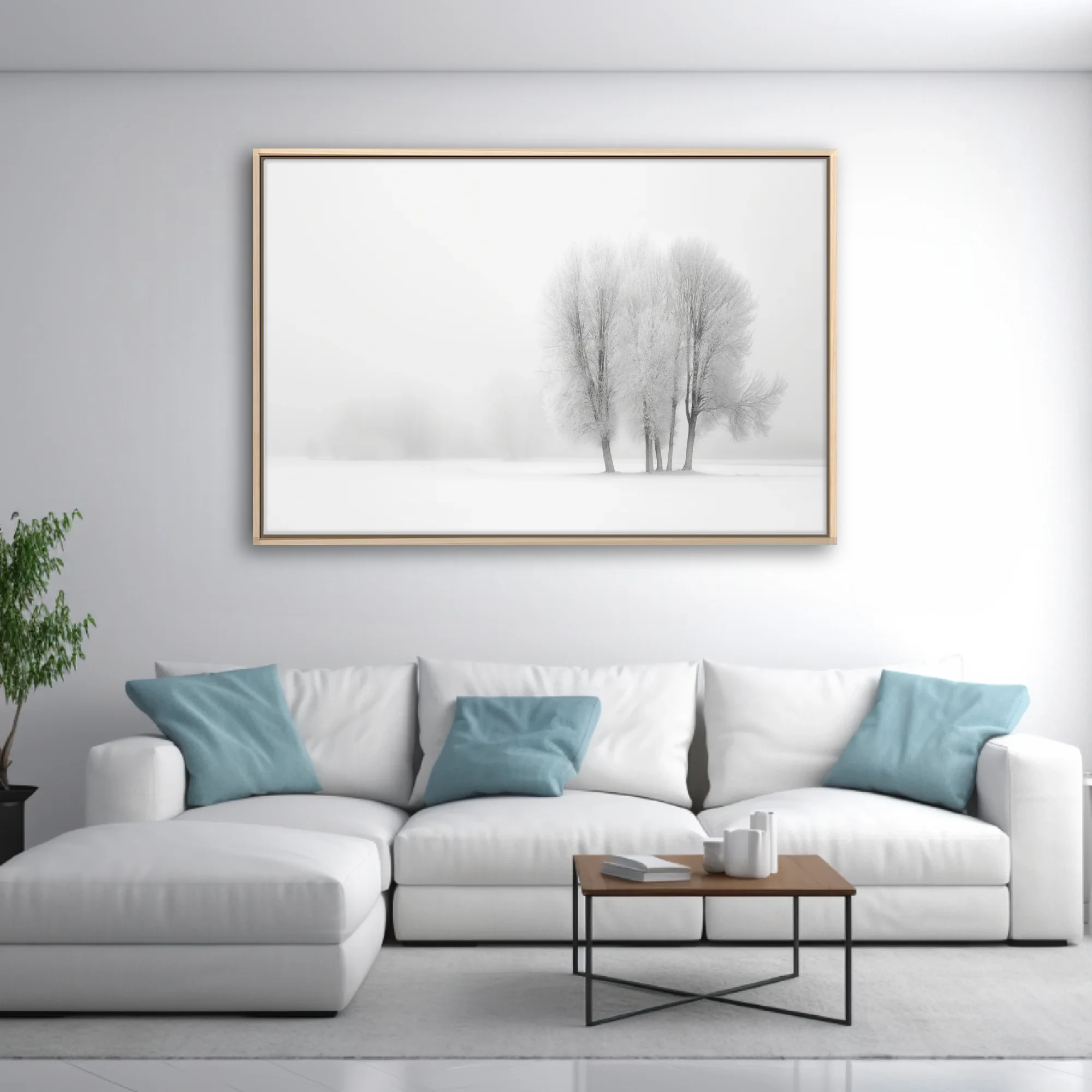 Minimalist winter landscape frost-covered bare trees in white foggy snowfield