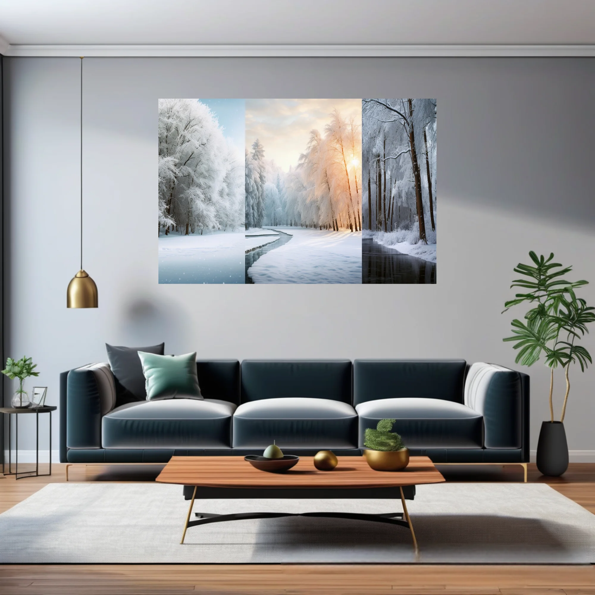 Snowy forest triptych with frost-covered trees and icy stream