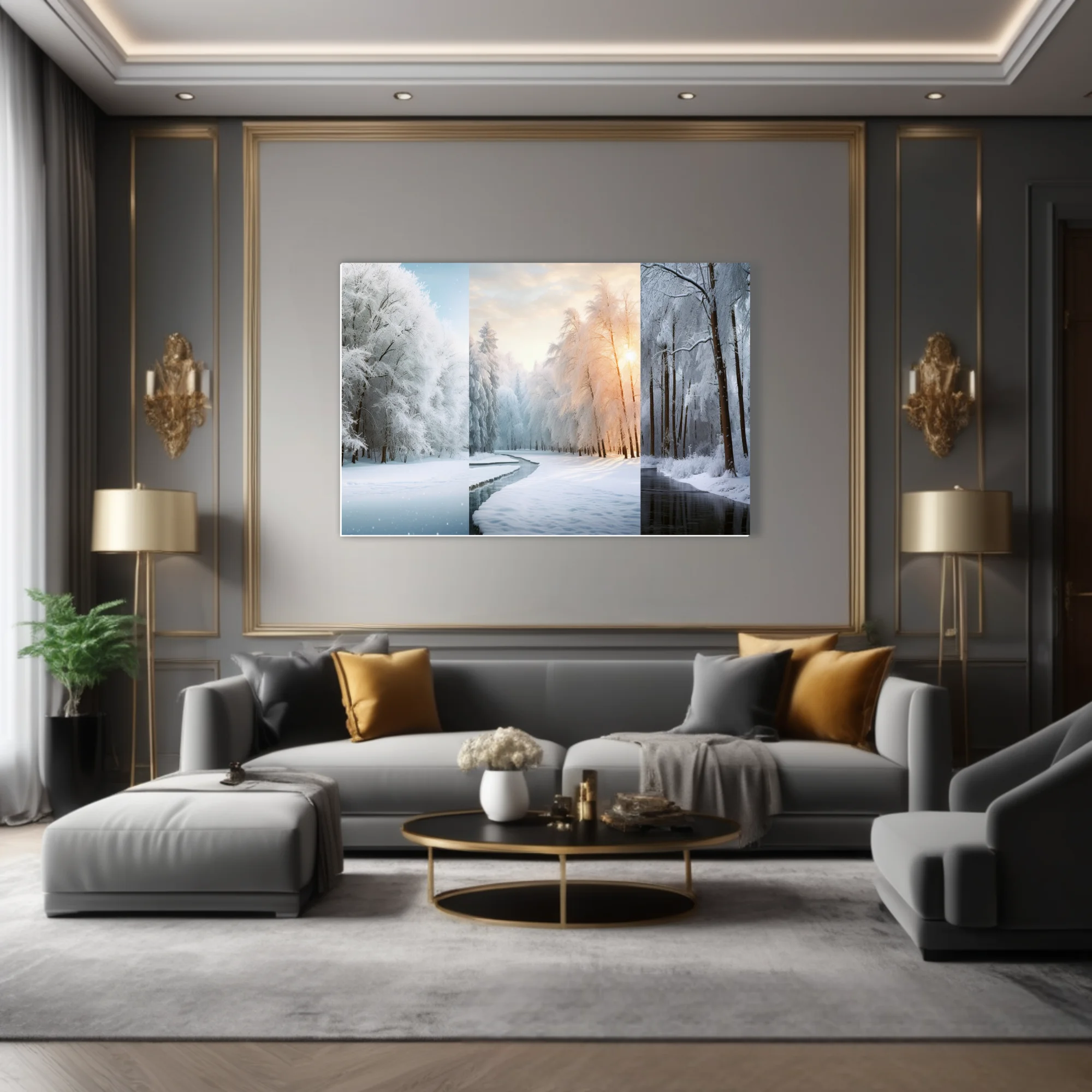 Snowy forest triptych with frost-covered trees and icy stream