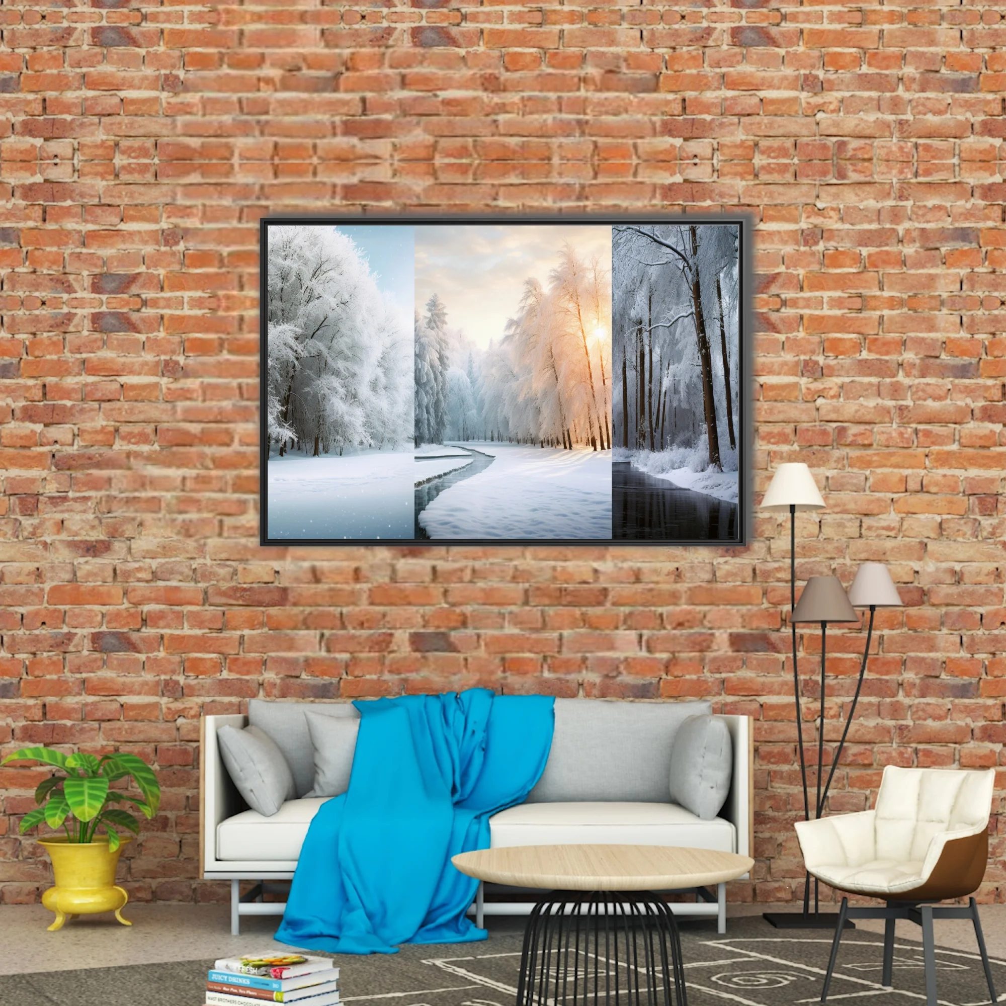 Snowy forest triptych with frost-covered trees and icy stream