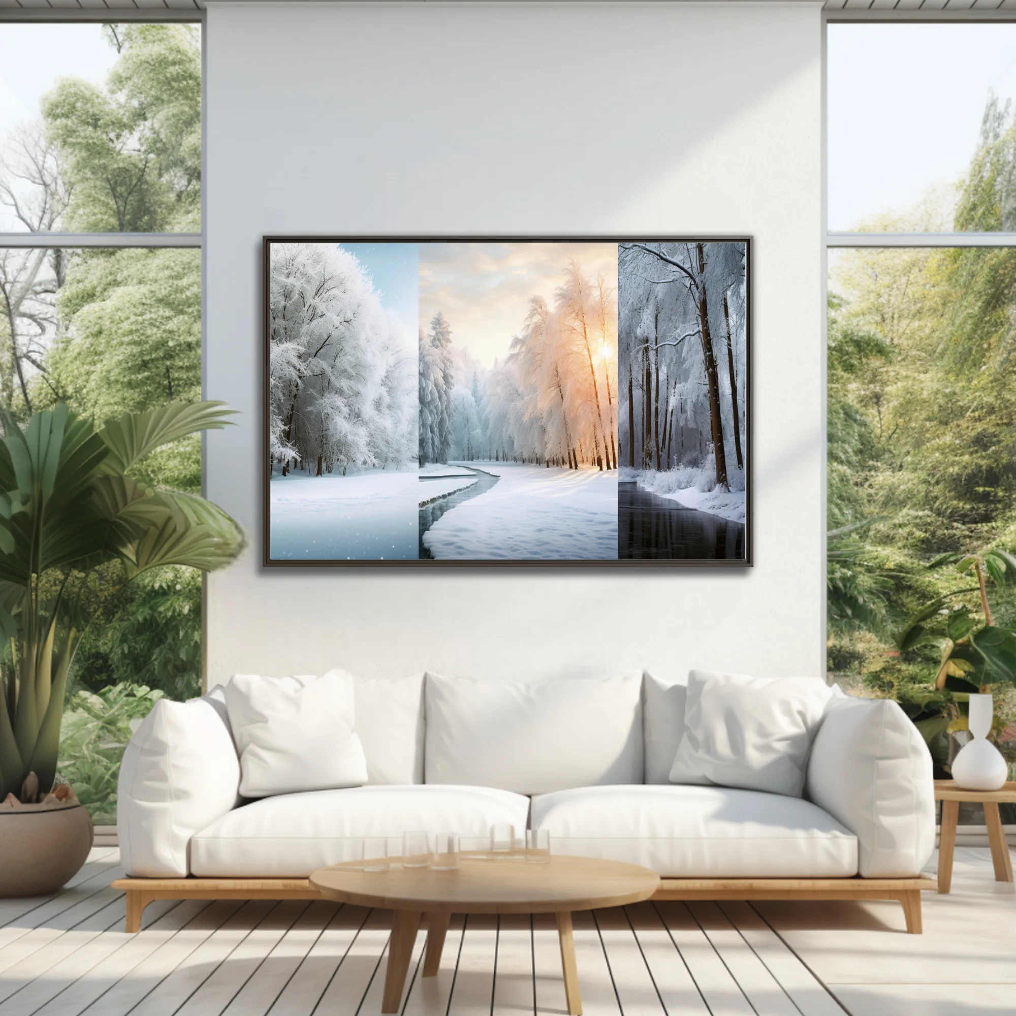 Snowy forest triptych with frost-covered trees and icy stream