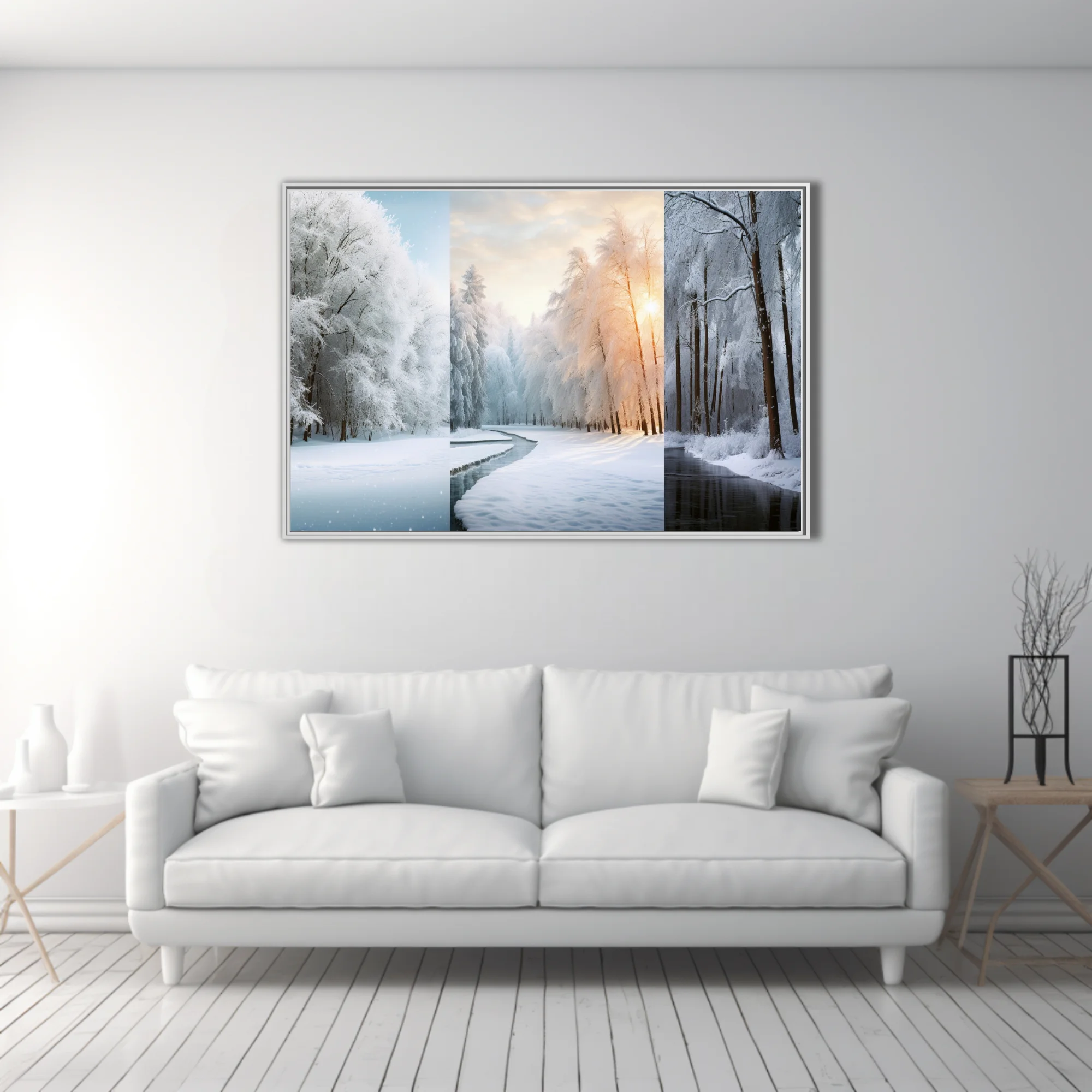 Snowy forest triptych with frost-covered trees and icy stream