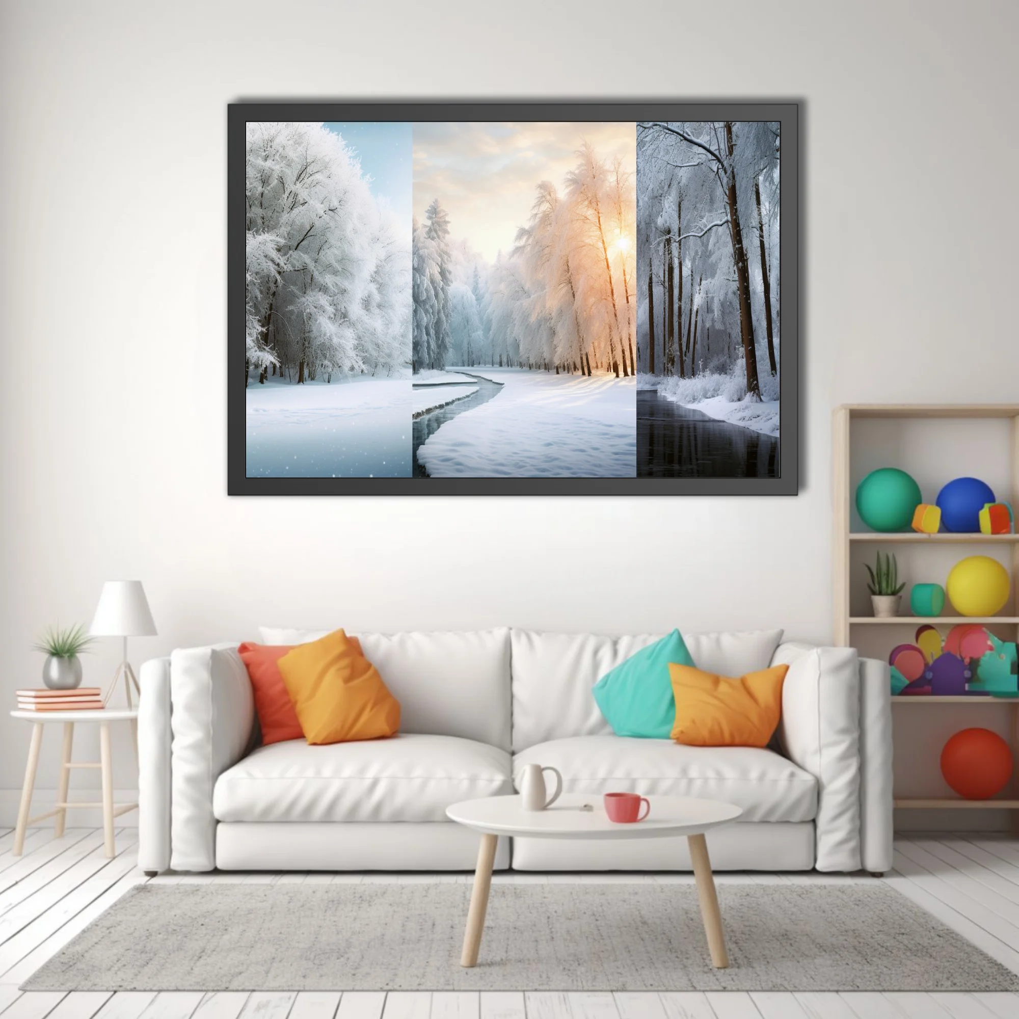 Snowy forest triptych with frost-covered trees and icy stream